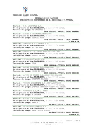 ALTERACION DE PARTIDOS
      SUBCOMITE DE COMPETICION DE F. AFICIONADO Y JUVENIL


Partido: C.D. LUGO/CALO S.R.
Se disputará el día:31/01/2010, a las 12`00 horas.
Terreno de juego: AS GANDARAS I
                              LIGA GALLEGA JUVENIL GRUPO PRIMERO
Partido: RACING C VILLALBES/IMPERATOR
Se disputará el día:19/03/2010, a las 12`00 horas.
Terreno de juego: ESTADIO ROCA
                              LIGA GALLEGA JUVENIL GRUPO PRIEMRO
                                                      JORNADA 16
Partido: COMPOSTELA S.D./EIRIS S.D.
Se disputará el día:30/01/2010, a las 17`15 horas.
Terreno de juego: AS CANCELAS
                              LIGA GALLEGA JUVENIL GRUPO PRIMERO
Partido: CORUXO F.C./COLEGIO APOSTOL SANTIAGO
Se disputará el día:30/01/2010, a las 16`00 horas.
Terreno de juego: PENEDO DA MOO
                              LIGA GALLEGA JUVENIL GRUPO SEGUNDO
Partido: CD OURENSE/CALDAS C.F.
Se disputará el día:31/01/2010, a las 12`00 horas.
Terreno de juego: OIRA
                              LIGA GALLEGA JUVENIL GRUPO SEGUNDO
Partido: RACING CASTRELOS F.C./CHANTADA F.C.
Se disputará el día:30/01/2010, a las 18`00 horas.
Terreno de juego: MONTE DA MINA
                              LIGA GALLEGA JUVENIL GRUPO SEGUNDO
Partido: RAPIDO DE BOUZAS C.F./SPORTING GUARDES
Se disputará el día:30/01/2010, a las 17`00 horas.
Terreno de juego: BALTASAR PUJALES
                              LIGA GALLEGA JUVENIL GRUPO SEGUNDO
Partido: PORRIÑO INDUSTRIAL F.C./EMF ARENTEIRO
Se disputará el día:30/01/2010, a las 16`30 horas.
Terreno de juego: CATABOY (ANTIGUO CAMPO DEL ATIOS)
                              LIGA GALLEGA JUVENIL GRUPO SEGUNDO
Partido: PORTONOVO S.D./A.J. LEREZ
Se disputará el día:30/01/2010, a las 18`30 horas.
Terreno de juego: A LANZADA
                              LIGA GALLEGA JUVENIL GRUPO SEGUNDO
Partido: MARINO C.F./OLIMPICO
Se disputará el día:30/01/2010, a las 12`00 horas.
Terreno de juego: XABRON
                                   PRIMERA JUVENIL GRUPO SEGUNDO
Partido: SD ORDENES/OLIMPICO C.F.
Se disputará el día:03/02/2010, a las 19`30 horas.
Terreno de juego: ANEXO VISTA ALEGRE
                                   PRIMERA JUVENIL GRUPO SEGUNDO
                                                      JORNADA 15


                                                   Página 1 de 5
                A Coruña, a 26 de enero de 2010
                           17:48:00
 