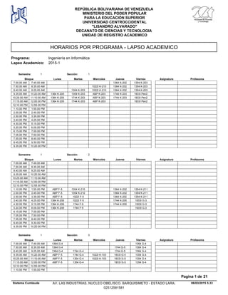 HORARIOS POR PROGRAMA - LAPSO ACADEMICO
Programa: Ingeniería en Informática
Lapso Academico: 2015-1
REPÚBLICA BOLIVARIANA DE VENEZUELA
MINISTERIO DEL PODER POPULAR
PARA LA EDUCACIÓN SUPERIOR
UNIVERSIDAD CENTROCCIDENTAL
"LISANDRO ALVARADO"
DECANATO DE CIENCIAS Y TECNOLOGIA
UNIDAD DE REGISTRO ACADEMICO
Lunes Miercoles Jueves ViernesMartesBloque ProfesoresAsignatura
Semestre: 1 Sección: 1
1364 K-202 1354 K-2037.00.00 AM 7.45.00 AM
1022I K-210 1364 K-202 1354 K-2037.50.00 AM 8.35.00 AM
1354 K-203 1022I K-210 1364 K-202 1354 K-2038.40.00 AM 9.25.00 AM
1354 K-203 ABP K-203 1744 K-203 1933I Pen29.35.00 AM 1364 K-20510.20.00 AM
1744 K-203 ABP K-203 1744 K-203 1933I Pen210.25.00 AM 1364 K-20511.10.00 AM
1744 K-203 ABP K-203 1933I Pen211.15.00 AM 1364 K-20512.00.00 PM
12.10.00 PM 12.55.00 PM
1.10.00 PM 1.55.00 PM
2.00.00 PM 2.45.00 PM
2.50.00 PM 3.35.00 PM
3.40.00 PM 4.25.00 PM
4.30.00 PM 5.15.00 PM
5.20.00 PM 6.05.00 PM
6.15.00 PM 7.00.00 PM
7.05.00 PM 7.50.00 PM
7.55.00 PM 8.40.00 PM
8.45.00 PM 9.30.00 PM
9.35.00 PM 10.20.00 PM
Lunes Miercoles Jueves ViernesMartesBloque ProfesoresAsignatura
Semestre: 1 Sección: 2
7.00.00 AM 7.45.00 AM
7.50.00 AM 8.35.00 AM
8.40.00 AM 9.25.00 AM
9.35.00 AM 10.20.00 AM
10.25.00 AM 11.10.00 AM
11.15.00 AM 12.00.00 PM
12.10.00 PM 12.55.00 PM
1354 K-210 1364 K-202 1354 K-2111.10.00 PM ABP F-51.55.00 PM
1354 K-210 1364 K-202 1354 K-2112.00.00 PM ABP F-52.45.00 PM
1022I F-5 1364 K-202 1354 K-2112.50.00 PM ABP F-53.35.00 PM
1022I F-5 1744 K-205 1933I G-33.40.00 PM 1364 K-2064.25.00 PM
1744 F-5 1744 K-205 1933I G-34.30.00 PM 1364 K-2065.15.00 PM
1744 F-5 1933I G-35.20.00 PM 1364 K-2066.05.00 PM
6.15.00 PM 7.00.00 PM
7.05.00 PM 7.50.00 PM
7.55.00 PM 8.40.00 PM
8.45.00 PM 9.30.00 PM
9.35.00 PM 10.20.00 PM
Lunes Miercoles Jueves ViernesMartesBloque ProfesoresAsignatura
Semestre: 1 Sección: 3
1364 G-47.00.00 AM 1364 G-47.45.00 AM
1744 G-5 1364 G-47.50.00 AM 1364 G-48.35.00 AM
1744 G-4 1744 G-5 1364 G-48.40.00 AM 1364 G-49.25.00 AM
1744 G-4 1022I K-103 1933I G-5 1354 G-49.35.00 AM ABP F-510.20.00 AM
1354 G-4 1022I K-103 1933I G-5 1354 G-410.25.00 AM ABP F-511.10.00 AM
1354 G-4 1933I G-5 1354 G-411.15.00 AM ABP F-512.00.00 PM
12.10.00 PM 12.55.00 PM
1.10.00 PM 1.55.00 PM
06/03/2015 5.33
Pagina 1 de 21
Sistema Cumlaude AV. LAS INDUSTRIAS. NUCLEO OBELISCO. BARQUISIMETO - ESTADO LARA.
02512591581
 