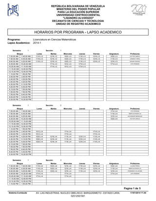 HORARIOS POR PROGRAMA - LAPSO ACADEMICO
Programa: Licenciatura en Ciencias Matemáticas
Lapso Academico: 2014-1
REPÚBLICA BOLIVARIANA DE VENEZUELA
MINISTERIO DEL PODER POPULAR
PARA LA EDUCACIÓN SUPERIOR
UNIVERSIDAD CENTROCCIDENTAL
"LISANDRO ALVARADO"
DECANATO DE CIENCIAS Y TECNOLOGIA
UNIDAD DE REGISTRO ACADEMICO
Lunes Miercoles Jueves ViernesMartesBloque ProfesoresAsignatura
Semestre: 1 Sección: 1
1216 J-3 1033 J-3 1116 J-3 1216 J-37.00.00 AM VICTOR CARUCI1033 J-31116 J-37.45.00 AM
1216 J-3 1033 J-3 1116 J-3 1216 J-37.50.00 AM JURANCY EREU1116 J-31116 J-38.35.00 AM
1216 J-3 1033 J-3 1116 J-3 1216 J-38.40.00 AM EDGAR GUEDEZ1216 J-31116 J-39.25.00 AM
1714 J-3 1012 J-3 1714 J-39.35.00 AM ZITA PEREIRA1714 J-310.20.00 AM
1714 J-3 1012 J-3 1714 J-310.25.00 AM 11.10.00 AM
11.15.00 AM 12.00.00 PM
12.10.00 PM 12.55.00 PM
1.10.00 PM 1.55.00 PM
2.00.00 PM 2.45.00 PM
2.50.00 PM 3.35.00 PM
3.40.00 PM 4.25.00 PM
4.30.00 PM 5.15.00 PM
5.20.00 PM 6.05.00 PM
6.15.00 PM 7.00.00 PM
7.05.00 PM 7.50.00 PM
7.55.00 PM 8.40.00 PM
8.45.00 PM 9.30.00 PM
9.35.00 PM 10.20.00 PM
Lunes Miercoles Jueves ViernesMartesBloque ProfesoresAsignatura
Semestre: 1 Sección: 2
7.00.00 AM ZITA PEREIRA1714 J-47.45.00 AM
7.50.00 AM MARYLIN PORTILLA1116 J-48.35.00 AM
8.40.00 AM ALEXANDER MENDOZA1216 J-49.25.00 AM
9.35.00 AM VICTOR CARUCI1033 J-410.20.00 AM
10.25.00 AM 11.10.00 AM
11.15.00 AM 12.00.00 PM
12.10.00 PM 12.55.00 PM
1.10.00 PM 1.55.00 PM
1714 J-4 1714 J-42.00.00 PM 1012 J-42.45.00 PM
1714 J-4 1714 J-42.50.00 PM 1012 J-43.35.00 PM
1216 J-4 1116 J-4 1216 J-4 1116 J-43.40.00 PM 1033 J-44.25.00 PM
1216 J-4 1116 J-4 1216 J-4 1116 J-44.30.00 PM 1033 J-45.15.00 PM
1216 J-4 1116 J-4 1216 J-4 1116 J-45.20.00 PM 1033 J-46.05.00 PM
6.15.00 PM 7.00.00 PM
7.05.00 PM 7.50.00 PM
7.55.00 PM 8.40.00 PM
8.45.00 PM 9.30.00 PM
9.35.00 PM 10.20.00 PM
Lunes Miercoles Jueves ViernesMartesBloque ProfesoresAsignatura
Semestre: 1 Sección: 3
1033 J-4 1216 J-4 1116 J-4 1216 J-47.00.00 AM LILIANA PEREZ1033 J-41116 J-47.45.00 AM
1033 J-4 1216 J-4 1116 J-4 1216 J-47.50.00 AM MARYLIN PORTILLA1116 J-41116 J-48.35.00 AM
1033 J-4 1216 J-4 1116 J-4 1216 J-48.40.00 AM FERNANDO VILLAFANE1216 J-41116 J-49.25.00 AM
1714 J-49.35.00 AM ZITA PEREIRA1714 J-41714 J-410.20.00 AM
1714 J-410.25.00 AM 1714 J-411.10.00 AM
11.15.00 AM 12.00.00 PM
12.10.00 PM 12.55.00 PM
1.10.00 PM 1.55.00 PM
17/07/2014 11.44
Pagina 1 de 5
Sistema Cumlaude AV. LAS INDUSTRIAS. NUCLEO OBELISCO. BARQUISIMETO - ESTADO LARA.
02512591581
 
