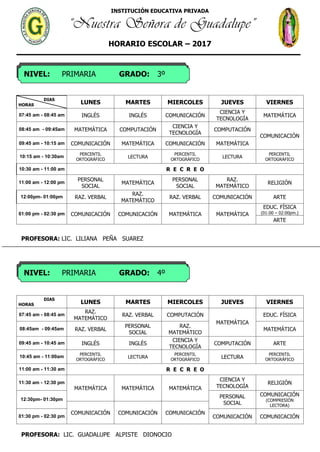 INSTITUCIÓN EDUCATIVA PRIVADA
“Nuestra Señora de Guadalupe”
HORARIO ESCOLAR – 2017
NIVEL: PRIMARIA GRADO: 3º
NIVEL: PRIMARIA GRADO: 4º
DIAS
HORAS LUNES MARTES MIERCOLES JUEVES VIERNES
07:45 am - 08:45 am INGLÉS INGLÉS COMUNICACIÓN
CIENCIA Y
TECNOLOGÍA
MATEMÁTICA
08:45 am - 09:45am MATEMÁTICA COMPUTACIÓN
CIENCIA Y
TECNOLOGÍA
COMPUTACIÓN
COMUNICACIÓN
09:45 am - 10:15 am COMUNICACIÓN MATEMÁTICA COMUNICACIÓN MATEMÁTICA
10:15 am - 10:30am
PERCENTIL
ORTOGRÁFICO
LECTURA
PERCENTIL
ORTOGRÁFICO
LECTURA
PERCENTIL
ORTOGRÁFICO
10:30 am - 11:00 am R E C R E O
11:00 am - 12:00 pm
PERSONAL
SOCIAL
MATEMÁTICA
PERSONAL
SOCIAL
RAZ.
MATEMÁTICO
RELIGIÓN
12:00pm- 01:00pm RAZ. VERBAL
RAZ.
MATEMÁTICO
RAZ. VERBAL COMUNICACIÓN ARTE
01:00 pm - 02:30 pm COMUNICACIÓN COMUNICACIÓN MATEMÁTICA MATEMÁTICA
EDUC. FÍSICA
(01:00 – 02:00pm.)
ARTE
PROFESORA: LIC. LILIANA PEÑA SUAREZ
DIAS
HORAS LUNES MARTES MIERCOLES JUEVES VIERNES
07:45 am - 08:45 am
RAZ.
MATEMÁTICO
RAZ. VERBAL COMPUTACIÓN
MATEMÁTICA
EDUC. FÍSICA
08:45am - 09:45am RAZ. VERBAL
PERSONAL
SOCIAL
RAZ.
MATEMÁTICO
MATEMÁTICA
09:45 am - 10:45 am INGLÉS INGLÉS
CIENCIA Y
TECNOLOGÍA
COMPUTACIÓN ARTE
10:45 am - 11:00am PERCENTIL
ORTOGRÁFICO
LECTURA
PERCENTIL
ORTOGRÁFICO
LECTURA
PERCENTIL
ORTOGRÁFICO
11:00 am - 11:30 am R E C R E O
11:30 am - 12:30 pm
MATEMÁTICA MATEMÁTICA MATEMÁTICA
CIENCIA Y
TECNOLOGÍA
RELIGIÓN
12:30pm- 01:30pm
PERSONAL
SOCIAL
COMUNICACIÓN
(COMPRESIÓN
LECTORA)
COMUNICACIÓN COMUNICACIÓN COMUNICACIÓN
01:30 pm - 02:30 pm COMUNICACIÓN COMUNICACIÓN
PROFESORA: LIC. GUADALUPE ALPISTE DIONOCIO
 