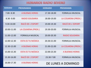 HORARIO       PROGRAMAS            HORARIO        PROGRAMA

 7.00- 8.30     A BUENAS HORAS      17.30-18.00    FORMULA MUSICAL

 8.30- 9.00     RADIO SOLIDARIA     18.00-19.00   LA COLMENA (PROX.)

 9.30-10.00    RACÓ DE L´ESPORT     19.00-19.30    RACÓ DE L´ESPORT

10.00-11.00   LA COLMENA (PROX.)    19.30-20.00    FORMULA MUSICAL

11.00-12.00    FORMULA MUSICAL      20.00-20.30     RADIO SOLIDARIA

12.00-12.30    ESTA ES TU MÚSICA    20.30-21.00    FORMULA MUSICAL

12.30-15.00     A BUENAS HORAS      21.00-22.00   LA COLMENA (PROX.)

15.00-15.30    ESTA ES TU MÚSICA    22.00-23.30     A BUENAS HORAS

15.30-16.00    RACÓ DE L´ESPORT      23.30-7.00    FORMULA MUSICAL

16.00-17.30     A BUENAS HORAS
                                     DE LUNES A DOMINGO
 