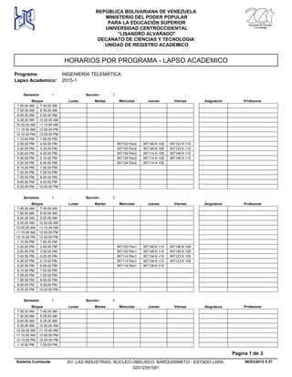 HORARIOS POR PROGRAMA - LAPSO ACADEMICO
Programa: INGENIERÍA TELEMÁTICA
Lapso Academico: 2015-1
REPÚBLICA BOLIVARIANA DE VENEZUELA
MINISTERIO DEL PODER POPULAR
PARA LA EDUCACIÓN SUPERIOR
UNIVERSIDAD CENTROCCIDENTAL
"LISANDRO ALVARADO"
DECANATO DE CIENCIAS Y TECNOLOGIA
UNIDAD DE REGISTRO ACADEMICO
Lunes Miercoles Jueves ViernesMartesBloque ProfesoresAsignatura
Semestre: 1 Sección: 1
7.00.00 AM 7.45.00 AM
7.50.00 AM 8.35.00 AM
8.40.00 AM 9.25.00 AM
9.35.00 AM 10.20.00 AM
10.25.00 AM 11.10.00 AM
11.15.00 AM 12.00.00 PM
12.10.00 PM 12.55.00 PM
1.10.00 PM 1.55.00 PM
INT153 Pen2 INT146 K-109 INT123 K-1102.00.00 PM 2.45.00 PM
INT153 Pen2 INT146 K-109 INT123 K-1102.50.00 PM 3.35.00 PM
INT134 Pen2 INT114 K-109 INT146 K-1103.40.00 PM 4.25.00 PM
INT134 Pen2 INT114 K-109 INT146 K-1104.30.00 PM 5.15.00 PM
INT134 Pen2 INT114 K-1095.20.00 PM 6.05.00 PM
6.15.00 PM 7.00.00 PM
7.05.00 PM 7.50.00 PM
7.55.00 PM 8.40.00 PM
8.45.00 PM 9.30.00 PM
9.35.00 PM 10.20.00 PM
Lunes Miercoles Jueves ViernesMartesBloque ProfesoresAsignatura
Semestre: 1 Sección: 2
7.00.00 AM 7.45.00 AM
7.50.00 AM 8.35.00 AM
8.40.00 AM 9.25.00 AM
9.35.00 AM 10.20.00 AM
10.25.00 AM 11.10.00 AM
11.15.00 AM 12.00.00 PM
12.10.00 PM 12.55.00 PM
1.10.00 PM 1.55.00 PM
INT153 Pen1 INT146 K-110 INT146 K-1092.00.00 PM 2.45.00 PM
INT153 Pen1 INT146 K-110 INT146 K-1092.50.00 PM 3.35.00 PM
INT114 Pen1 INT134 K-110 INT123 K-1093.40.00 PM 4.25.00 PM
INT114 Pen1 INT134 K-110 INT123 K-1094.30.00 PM 5.15.00 PM
INT114 Pen1 INT134 K-1105.20.00 PM 6.05.00 PM
6.15.00 PM 7.00.00 PM
7.05.00 PM 7.50.00 PM
7.55.00 PM 8.40.00 PM
8.45.00 PM 9.30.00 PM
9.35.00 PM 10.20.00 PM
Lunes Miercoles Jueves ViernesMartesBloque ProfesoresAsignatura
Semestre: 1 Sección: 3
7.00.00 AM 7.45.00 AM
7.50.00 AM 8.35.00 AM
8.40.00 AM 9.25.00 AM
9.35.00 AM 10.20.00 AM
10.25.00 AM 11.10.00 AM
11.15.00 AM 12.00.00 PM
12.10.00 PM 12.55.00 PM
1.10.00 PM 1.55.00 PM
06/03/2015 5.37
Pagina 1 de 2
Sistema Cumlaude AV. LAS INDUSTRIAS. NUCLEO OBELISCO. BARQUISIMETO - ESTADO LARA.
02512591581
 