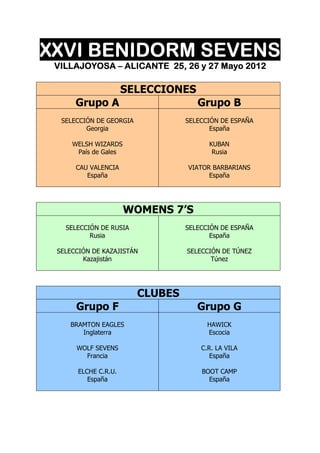 XXVI BENIDORM SEVENS
                                    Mayo
 VILLAJOYOSA – ALICANTE 25, 26 y 27 Mayo 2012

             ...