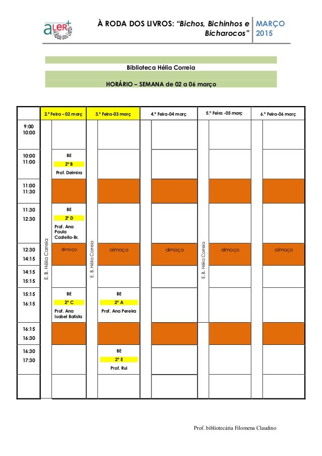 À RODA DOS LIVROS: “Bichos, Bichinhos e
Bicharocos”
MARÇO
2015
Prof. bibliotecária Filomena Claudino
Biblioteca Hélia Corr...