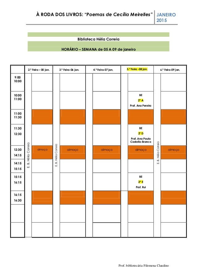 À RODA DOS LIVROS: “Poemas de Cecília Meirelles” JANEIRO
2015
Prof. bibliotecária Filomena Claudino
Biblioteca Hélia Corre...