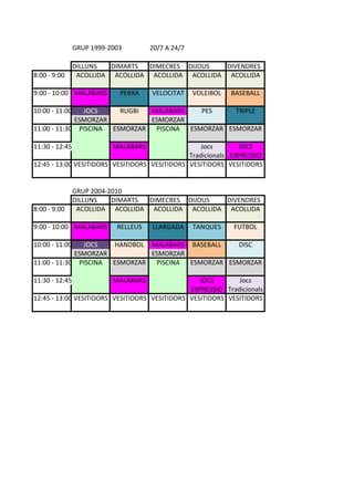 GRUP%1999(2003 20/7%A%24/7
DILLUNS DIMARTS DIMECRES DIJOUS DIVENDRES
8:00%(%9:00 ACOLLIDA ACOLLIDA ACOLLIDA ACOLLIDA ACOLLIDA
9:00%(%10:00 MALABARS PERXA VELOCITAT VOLEIBOL BASEBALL
10:00%(%11:00 JOCS RUGBI MALABARS PES TRIPLE
ESMORZAR ESMORZAR
11:00%(%11:30 PISCINA ESMORZAR PISCINA ESMORZAR ESMORZAR
11:30%(%12:45 MALABARS Jocs JOCS
Tradicionals EXPRESSIÓ
12:45%(%13:00 VESITIDORS VESITIDORS VESITIDORS VESITIDORS VESITIDORS
GRUP%2004(2010
DILLUNS DIMARTS DIMECRES DIJOUS DIVENDRES
8:00%(%9:00 ACOLLIDA ACOLLIDA ACOLLIDA ACOLLIDA ACOLLIDA
9:00%(%10:00 MALABARS RELLEUS LLARGADA TANQUES FUTBOL
10:00%(%11:00 JOCS HANDBOL MALABARS BASEBALL DISC
ESMORZAR ESMORZAR
11:00%(%11:30 PISCINA ESMORZAR PISCINA ESMORZAR ESMORZAR
11:30%(%12:45 MALABARS JOCS Jocs
EXPRESSIÓ Tradicionals
12:45%(%13:00 VESITIDORS VESITIDORS VESITIDORS VESITIDORS VESITIDORS
 