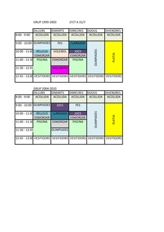 GRUP%1999(2003 27/7%A%31/7
DILLUNS DIMARTS DIMECRES DIJOUS DIVENDRES
8:00%(%9:00 ACOLLIDA ACOLLIDA ACOLLIDA ACOLLIDA ACOLLIDA
9:00%(%10:00 OLIMPIADES PES LLARGADA
10:00%(%11:00 RELLEUS VOLEIBOL JOCS
ESMORZAR ESMORZAR
11:00%(%11:30 PISCINA ESMORZAR PISCINA
11:30%(%12:45 MALABARS
12:45%(%13:00 VESITIDORS VESITIDORS VESITIDORS VESITIDORS VESITIDORS
GRUP%2004(2010
DILLUNS DIMARTS DIMECRES DIJOUS DIVENDRES
8:00%(%9:00 ACOLLIDA ACOLLIDA ACOLLIDA ACOLLIDA ACOLLIDA
9:00%(%10:00 OLIMPIADES JOCS PES
10:00%(%11:00 RELLEUS LLARGADA JOCS
ESMORZAR ESMORZAR
11:00%(%11:30 PISCINA ESMORZAR PISCINA
11:30%(%12:45 OLIMPIADES
12:45%(%13:00 VESITIDORS VESITIDORS VESITIDORS VESITIDORS VESITIDORS
OLIMPIADES
PLATJA
OLIMPIADES
PLATJA
 