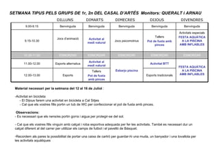SETMANA TIPUS PELS GRUPS DE 1r, 2n DEL CASAL D’ARTÉS Monitors: QUERALT i ARNAU  Material necessari per la setmana del 12 al 16 de Juliol  : -Activitat en bicicleta - El Dijous farem una activitat en bicicleta a Cal Sitjes - Cal que els vostres fills portin un tub de WC per confeccionar el pot de fusta amb pinces. Observacions: - Es necessari que els nens/es portin gorra i aigua per protegir-se del sol. - Cal que els vostres fills vinguin amb calçat i roba esportiva adequada per fer les activitats. També es necessari dur un calçat diferent al del carrer per utilitzar els camps de futbol i el pavelló de Bàsquet. Recordem als pares la possibilitat de portar una caixa de cartró per guardar-hi una muda, un banyador i una tovallola per les activitats aquàtiques DILLUNS DIMARTS DIMECRES DIJOUS DIVENDRES 9.00-9.15 Benvinguda Benvinguda Benvinguda Benvinguda Benvinguda 9.15-10.30 Jocs d’animació Activitat al medi natural Jocs psicomotrius Tallers Pot de fusta amb pinces Activitats especials FESTA AQUÀTICA A LA PISCINA AMB INFLABLES 10.30-11.00 ESMORZAR ESMORZAR ESMORZAR ESMORZAR ESMORZAR 11.00-12.00 Esports alternatius Activitat al medi natural Esbarjo piscina Activitat BTT FESTA AQUÀTICA A LA PISCINA AMB INFLABLES 12.00-13.00 Esports Tallers Pot de fusta amb pinces Esports tradicionals 