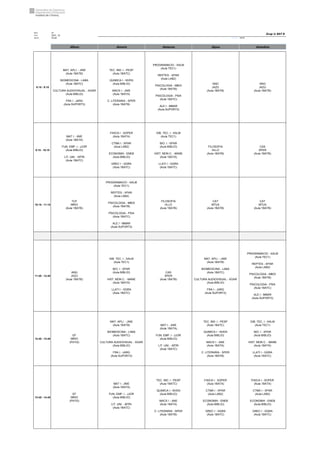 Núm. 27
Curs: 2022 - 23
Horari Anual Acrònim: 1BATB
dilluns dimarts dimecres dijous divendres
8:15 - 9:15
MAT. APLI. - JNIE
(Aula 1BATB)
BIOMEDICINA - LABA
(Aula 1BATC)
CULTURA AUDIOVISUAL - XGAR
(Aula BIBLIO)
FRA I - JARG
(Aula SUPORT3)
TEC. IND. I - PESP
(Aula 1BATC)
QUIMICA I - NVEN
(Aula BIBLIO)
MACS I - JNIE
(Aula 1BATA)
C. LITERARIA - SPER
(Aula 1BATB)
PROGRAMACIO - XALM
(Aula TEC1)
REPTES - XPAR
(Aula LAB2)
PSICOLOGIA - MBOI
(Aula 1BATB)
PSICOLOGIA - PSI4
(Aula 1BATC)
ALE I - MMAR
(Aula SUPORT3)
ANG
JAZU
(Aula 1BATB)
ANG
JAZU
(Aula 1BATB)
9:15 - 10:15
MAT I - JNIE
(Aula 1BATA)
FUN. EMP. I - JJOR
(Aula BIBLIO)
LIT. UNI. - MTRI
(Aula 1BATC)
FISICA I - SOPER
(Aula 1BATA)
CTMA I - XPAR
(Aula LAB2)
ECONOMIA - ENEB
(Aula BIBLIO)
GREC I - GGRA
(Aula 1BATC)
DIB. TEC. I - XALM
(Aula TEC1)
BIO. I - XPAR
(Aula BIBLIO)
HIST. MON C. - MANE
(Aula 1BATA)
LLATI I - GGRA
(Aula 1BATC)
FILOSOFIA
HLLO
(Aula 1BATB)
CAS
SPER
(Aula 1BATB)
10:15 - 11:15
TUT
MRIO
(Aula 1BATB)
PROGRAMACIO - XALM
(Aula TEC1)
REPTES - XPAR
(Aula LAB2)
PSICOLOGIA - MBOI
(Aula 1BATB)
PSICOLOGIA - PSI4
(Aula 1BATC)
ALE I - MMAR
(Aula SUPORT3)
FILOSOFIA
HLLO
(Aula 1BATB)
CAT
MTUA
(Aula 1BATB)
CAT
MTUA
(Aula 1BATB)
11:45 - 12:45
ANG
JAZU
(Aula 1BATB)
DIB. TEC. I - XALM
(Aula TEC1)
BIO. I - XPAR
(Aula BIBLIO)
HIST. MON C. - MANE
(Aula 1BATA)
LLATI I - GGRA
(Aula 1BATC)
CAS
SPER
(Aula 1BATB)
MAT. APLI. - JNIE
(Aula 1BATB)
BIOMEDICINA - LABA
(Aula 1BATC)
CULTURA AUDIOVISUAL - XGAR
(Aula BIBLIO)
FRA I - JARG
(Aula SUPORT3)
PROGRAMACIO - XALM
(Aula TEC1)
REPTES - XPAR
(Aula LAB2)
PSICOLOGIA - MBOI
(Aula 1BATB)
PSICOLOGIA - PSI4
(Aula 1BATC)
ALE I - MMAR
(Aula SUPORT3)
12:45 - 13:45
EF
MRIO
(PATI2)
MAT. APLI. - JNIE
(Aula 1BATB)
BIOMEDICINA - LABA
(Aula 1BATC)
CULTURA AUDIOVISUAL - XGAR
(Aula BIBLIO)
FRA I - JARG
(Aula SUPORT3)
MAT I - JNIE
(Aula 1BATA)
FUN. EMP. I - JJOR
(Aula BIBLIO)
LIT. UNI. - MTRI
(Aula 1BATC)
TEC. IND. I - PESP
(Aula 1BATC)
QUIMICA I - NVEN
(Aula BIBLIO)
MACS I - JNIE
(Aula 1BATA)
C. LITERARIA - SPER
(Aula 1BATB)
DIB. TEC. I - XALM
(Aula TEC1)
BIO. I - XPAR
(Aula BIBLIO)
HIST. MON C. - MANE
(Aula 1BATA)
LLATI I - GGRA
(Aula 1BATC)
13:45 - 14:45
EF
MRIO
(PATI2)
MAT I - JNIE
(Aula 1BATA)
FUN. EMP. I - JJOR
(Aula BIBLIO)
LIT. UNI. - MTRI
(Aula 1BATC)
TEC. IND. I - PESP
(Aula 1BATC)
QUIMICA I - NVEN
(Aula BIBLIO)
MACS I - JNIE
(Aula 1BATA)
C. LITERARIA - SPER
(Aula 1BATB)
FISICA I - SOPER
(Aula 1BATA)
CTMA I - XPAR
(Aula LAB2)
ECONOMIA - ENEB
(Aula BIBLIO)
GREC I - GGRA
(Aula 1BATC)
FISICA I - SOPER
(Aula 1BATA)
CTMA I - XPAR
(Aula LAB2)
ECONOMIA - ENEB
(Aula BIBLIO)
GREC I - GGRA
(Aula 1BATC)
Grup 1r BAT B
 