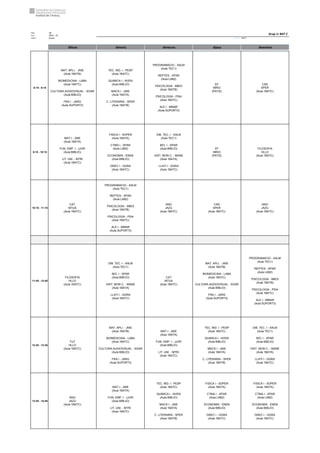 Núm. 28
Curs: 2022 - 23
Horari Anual Acrònim: 1BATC
dilluns dimarts dimecres dijous divendres
8:15 - 9:15
MAT. APLI. - JNIE
(Aula 1BATB)
BIOMEDICINA - LABA
(Aula 1BATC)
CULTURA AUDIOVISUAL - XGAR
(Aula BIBLIO)
FRA I - JARG
(Aula SUPORT3)
TEC. IND. I - PESP
(Aula 1BATC)
QUIMICA I - NVEN
(Aula BIBLIO)
MACS I - JNIE
(Aula 1BATA)
C. LITERARIA - SPER
(Aula 1BATB)
PROGRAMACIO - XALM
(Aula TEC1)
REPTES - XPAR
(Aula LAB2)
PSICOLOGIA - MBOI
(Aula 1BATB)
PSICOLOGIA - PSI4
(Aula 1BATC)
ALE I - MMAR
(Aula SUPORT3)
EF
MRIO
(PATI2)
CAS
SPER
(Aula 1BATC)
9:15 - 10:15
MAT I - JNIE
(Aula 1BATA)
FUN. EMP. I - JJOR
(Aula BIBLIO)
LIT. UNI. - MTRI
(Aula 1BATC)
FISICA I - SOPER
(Aula 1BATA)
CTMA I - XPAR
(Aula LAB2)
ECONOMIA - ENEB
(Aula BIBLIO)
GREC I - GGRA
(Aula 1BATC)
DIB. TEC. I - XALM
(Aula TEC1)
BIO. I - XPAR
(Aula BIBLIO)
HIST. MON C. - MANE
(Aula 1BATA)
LLATI I - GGRA
(Aula 1BATC)
EF
MRIO
(PATI2)
FILOSOFIA
HLLO
(Aula 1BATC)
10:15 - 11:15
CAT
MTUA
(Aula 1BATC)
PROGRAMACIO - XALM
(Aula TEC1)
REPTES - XPAR
(Aula LAB2)
PSICOLOGIA - MBOI
(Aula 1BATB)
PSICOLOGIA - PSI4
(Aula 1BATC)
ALE I - MMAR
(Aula SUPORT3)
ANG
JAZU
(Aula 1BATC)
CAS
SPER
(Aula 1BATC)
ANG
JAZU
(Aula 1BATC)
11:45 - 12:45
FILOSOFIA
HLLO
(Aula 1BATC)
DIB. TEC. I - XALM
(Aula TEC1)
BIO. I - XPAR
(Aula BIBLIO)
HIST. MON C. - MANE
(Aula 1BATA)
LLATI I - GGRA
(Aula 1BATC)
CAT
MTUA
(Aula 1BATC)
MAT. APLI. - JNIE
(Aula 1BATB)
BIOMEDICINA - LABA
(Aula 1BATC)
CULTURA AUDIOVISUAL - XGAR
(Aula BIBLIO)
FRA I - JARG
(Aula SUPORT3)
PROGRAMACIO - XALM
(Aula TEC1)
REPTES - XPAR
(Aula LAB2)
PSICOLOGIA - MBOI
(Aula 1BATB)
PSICOLOGIA - PSI4
(Aula 1BATC)
ALE I - MMAR
(Aula SUPORT3)
12:45 - 13:45
TUT
HLLO
(Aula 1BATC)
MAT. APLI. - JNIE
(Aula 1BATB)
BIOMEDICINA - LABA
(Aula 1BATC)
CULTURA AUDIOVISUAL - XGAR
(Aula BIBLIO)
FRA I - JARG
(Aula SUPORT3)
MAT I - JNIE
(Aula 1BATA)
FUN. EMP. I - JJOR
(Aula BIBLIO)
LIT. UNI. - MTRI
(Aula 1BATC)
TEC. IND. I - PESP
(Aula 1BATC)
QUIMICA I - NVEN
(Aula BIBLIO)
MACS I - JNIE
(Aula 1BATA)
C. LITERARIA - SPER
(Aula 1BATB)
DIB. TEC. I - XALM
(Aula TEC1)
BIO. I - XPAR
(Aula BIBLIO)
HIST. MON C. - MANE
(Aula 1BATA)
LLATI I - GGRA
(Aula 1BATC)
13:45 - 14:45
ANG
JAZU
(Aula 1BATC)
MAT I - JNIE
(Aula 1BATA)
FUN. EMP. I - JJOR
(Aula BIBLIO)
LIT. UNI. - MTRI
(Aula 1BATC)
TEC. IND. I - PESP
(Aula 1BATC)
QUIMICA I - NVEN
(Aula BIBLIO)
MACS I - JNIE
(Aula 1BATA)
C. LITERARIA - SPER
(Aula 1BATB)
FISICA I - SOPER
(Aula 1BATA)
CTMA I - XPAR
(Aula LAB2)
ECONOMIA - ENEB
(Aula BIBLIO)
GREC I - GGRA
(Aula 1BATC)
FISICA I - SOPER
(Aula 1BATA)
CTMA I - XPAR
(Aula LAB2)
ECONOMIA - ENEB
(Aula BIBLIO)
GREC I - GGRA
(Aula 1BATC)
Grup 1r BAT C
 
