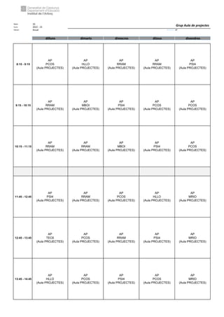 Núm. 33
Curs: 2022 - 23
Horari Anual Acrònim: AP
dilluns dimarts dimecres dijous divendres
8:15 - 9:15
AP
PCOS
(Aula PROJECTES)
AP
HLLO
(Aula PROJECTES)
AP
RRAM
(Aula PROJECTES)
AP
RRAM
(Aula PROJECTES)
AP
PSI4
(Aula PROJECTES)
9:15 - 10:15
AP
RRAM
(Aula PROJECTES)
AP
MBOI
(Aula PROJECTES)
AP
PSI4
(Aula PROJECTES)
AP
PCOS
(Aula PROJECTES)
AP
PCOS
(Aula PROJECTES)
10:15 - 11:15
AP
RRAM
(Aula PROJECTES)
AP
RRAM
(Aula PROJECTES)
AP
MBOI
(Aula PROJECTES)
AP
PSI4
(Aula PROJECTES)
AP
PCOS
(Aula PROJECTES)
11:45 - 12:45
AP
PSI4
(Aula PROJECTES)
AP
RRAM
(Aula PROJECTES)
AP
PCOS
(Aula PROJECTES)
AP
HLLO
(Aula PROJECTES)
AP
MRIO
(Aula PROJECTES)
12:45 - 13:45
AP
TEC6
(Aula PROJECTES)
AP
PCOS
(Aula PROJECTES)
AP
RRAM
(Aula PROJECTES)
AP
PSI4
(Aula PROJECTES)
AP
MRIO
(Aula PROJECTES)
13:45 - 14:45
AP
HLLO
(Aula PROJECTES)
AP
PCOS
(Aula PROJECTES)
AP
PSI4
(Aula PROJECTES)
AP
PCOS
(Aula PROJECTES)
AP
MRIO
(Aula PROJECTES)
Grup Aula de projectes
 