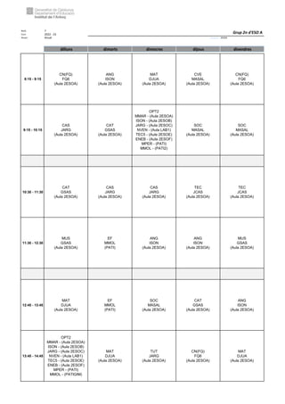 Núm. 7
Curs: 2022 - 23
Horari Anual Acrònim: 2ESOA
dilluns dimarts dimecres dijous divendres
8:15 - 9:15
CN(FQ)
FQ6
(Aula 2ESOA)
ANG
ISON
(Aula 2ESOA)
MAT
DJUA
(Aula 2ESOA)
CVE
MASAL
(Aula 2ESOA)
CN(FQ)
FQ6
(Aula 2ESOA)
9:15 - 10:15
CAS
JARG
(Aula 2ESOA)
CAT
GSAS
(Aula 2ESOA)
OPT2
MMAR - (Aula 2ESOA)
ISON - (Aula 2ESOB)
JARG - (Aula 2ESOC)
NVEN - (Aula LAB1)
TEC5 - (Aula 2ESOE)
ENEB - (Aula 2ESOF)
MPER - (PATI)
MMOL - (PATI2)
SOC
MASAL
(Aula 2ESOA)
SOC
MASAL
(Aula 2ESOA)
10:30 - 11:30
CAT
GSAS
(Aula 2ESOA)
CAS
JARG
(Aula 2ESOA)
CAS
JARG
(Aula 2ESOA)
TEC
JCAS
(Aula 2ESOA)
TEC
JCAS
(Aula 2ESOA)
11:30 - 12:30
MUS
GSAS
(Aula 2ESOA)
EF
MMOL
(PATI)
ANG
ISON
(Aula 2ESOA)
ANG
ISON
(Aula 2ESOA)
MUS
GSAS
(Aula 2ESOA)
12:45 - 13:45
MAT
DJUA
(Aula 2ESOA)
EF
MMOL
(PATI)
SOC
MASAL
(Aula 2ESOA)
CAT
GSAS
(Aula 2ESOA)
ANG
ISON
(Aula 2ESOA)
13:45 - 14:45
OPT2
MMAR - (Aula 2ESOA)
ISON - (Aula 2ESOB)
JARG - (Aula 2ESOC)
NVEN - (Aula LAB1)
TEC5 - (Aula 2ESOE)
ENEB - (Aula 2ESOF)
MPER - (PATI)
MMOL - (PATIGIM)
MAT
DJUA
(Aula 2ESOA)
TUT
JARG
(Aula 2ESOA)
CN(FQ)
FQ6
(Aula 2ESOA)
MAT
DJUA
(Aula 2ESOA)
Grup 2n d'ESO A
 