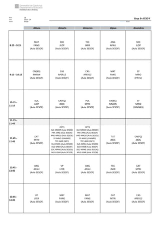Núm. 18
Curs: 2023 - 24
Horari Anual Acrònim: 3ESOF
dilluns dimarts dimecres dijous divendres
8:15 - 9:15
MAT
FANG
(Aula 3ESOF)
SOC
JLOP
(Aula 3ESOF)
TEC
JMIR
(Aula 3ESOF)
ANG
APAU
(Aula 3ESOF)
SOC
JLOP
(Aula 3ESOF)
9:15 - 10:15
CN(BG)
MMAN
(Aula 3ESOF)
CAS
APER12
(Aula 3ESOF)
CAS
APER12
(Aula 3ESOF)
MAT
FANG
(Aula 3ESOF)
EF
MRIO
(PATI2)
10:15 -
11:15
SOC
JLOP
(Aula 3ESOF)
CN(FQ)
JBOC
(Aula 3ESOF)
PDL
MTRI
(Aula 3ESOF)
CN(BG)
MMAN
(Aula 3ESOF)
EF
MRIO
(GIMNÀS)
11:15 -
11:45
11:45 -
12:45
CAT
MTRI
(Aula 3ESOF)
OPT3
ALE-MMAR (Aula 3ESOC)
FRA-JARG (Aula 3ESOA)
ANG-MROD (Aula 3ESOE)
EF-MRIO (GIMNÀS)
TEC-JMIR (INF1)
CLA-EMOL (Aula 3ESOD)
ECO-ENEB (Aula 3ESOF)
SOC-MANE (Aula 3ESOG)
MUS-JGAR (Aula 3ESOB)
OPT3
ALE-MMAR (Aula 3ESOC)
FRA-JARG (Aula 3ESOA)
ANG-MROD (Aula 3ESOE)
EF-MRIO (GIMNÀS)
TEC-JMIR (INF1)
CLA-EMOL (Aula 3ESOD)
ECO-ENEB (Aula 3ESOF)
SOC-MANE (Aula 3ESOG)
MUS-JGAR (Aula 3ESOB)
TUT
JBOC
(Aula 3ESOF)
CN(FQ)
JBOC
(Aula 3ESOF)
12:45 -
13:45
ANG
APAU
(Aula 3ESOF)
VP
LFER
(Aula 3ESOF)
ANG
APAU
(Aula 3ESOF)
TEC
JMIR
(Aula 3ESOF)
CAT
MTRI
(Aula 3ESOF)
13:45 -
14:45
VP
LFER
(Aula 3ESOF)
MAT
FANG
(Aula 3ESOF)
MAT
FANG
(Aula 3ESOF)
CAT
MTRI
(Aula 3ESOF)
CAS
APER12
(Aula 3ESOF)
Grup 3r d'ESO F
 