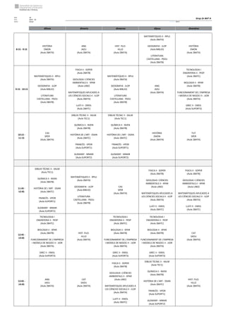 Núm. 29
Curs: 2023 - 24
Horari Anual Acrònim: 2BATA
dilluns dimarts dimecres dijous divendres
8:15 - 9:15
HISTÒRIA
EMON
(Aula 2BATA)
ANG
JAZU
(Aula 2BATA)
HIST. FILO.
HLLO
(Aula 2BATA)
MATEMÀTIQUES II - RPUJ
(Aula 2BATA)
GEOGRAFIA - JLOP
(Aula BIBLIO)
LITERATURA
CASTELLANA - PSOU
(Aula 2BATB)
HISTÒRIA
EMON
(Aula 2BATA)
9:15 - 10:15
MATEMÀTIQUES II - RPUJ
(Aula 2BATA)
GEOGRAFIA - JLOP
(Aula BIBLIO)
LITERATURA
CASTELLANA - PSOU
(Aula 2BATB)
FISICA II - SOPER
(Aula 2BATB)
GEOLOGIA I CIÈNCIES
AMBIENTALS II - XPAR
(Aula LAB2)
MATEMÀTIQUES APLICADES A
LES CIÈNCIES SOCIALS II - ILOP
(Aula 2BATA)
LLATI II - EMOL
(Aula 2BATC)
MATEMÀTIQUES II - RPUJ
(Aula 2BATA)
GEOGRAFIA - JLOP
(Aula BIBLIO)
LITERATURA
CASTELLANA - PSOU
(Aula 2BATB)
ANG
JAZU
(Aula 2BATA)
TECNOLOGIA I
ENGINYERIA II - PESP
(Aula 2BATC)
BIOLOGIA II - XPAR
(Aula 2BATB)
FUNCIONAMENT DE L'EMPRESA
I MODELS DE NEGOCI II - JJOR
(Aula 2BATA)
GREC II - EMOL
(Aula SUPORT3)
10:15 -
11:15
CAS
SPER
(Aula 2BATA)
DIBUIX TÈCNIC II - XALM
(Aula TEC1)
QUÍMICA II - NVEN
(Aula 2BATB)
HISTÒRIA DE L'ART - DSAN
(Aula 2BATC)
FRANCÈS - VPOR
(Aula SUPORT1)
ALEMANY - MMAR
(Aula SUPORT2)
DIBUIX TÈCNIC II - XALM
(Aula TEC1)
QUÍMICA II - NVEN
(Aula 2BATB)
HISTÒRIA DE L'ART - DSAN
(Aula 2BATC)
FRANCÈS - VPOR
(Aula SUPORT1)
ALEMANY - MMAR
(Aula SUPORT2)
HISTÒRIA
EMON
(Aula 2BATA)
TUT
SPER
(Aula 2BATA)
11:45 -
12:45
DIBUIX TÈCNIC II - XALM
(Aula TEC1)
QUÍMICA II - NVEN
(Aula 2BATB)
HISTÒRIA DE L'ART - DSAN
(Aula 2BATC)
FRANCÈS - VPOR
(Aula SUPORT1)
ALEMANY - MMAR
(Aula SUPORT2)
MATEMÀTIQUES II - RPUJ
(Aula 2BATA)
GEOGRAFIA - JLOP
(Aula BIBLIO)
LITERATURA
CASTELLANA - PSOU
(Aula 2BATB)
CAS
SPER
(Aula 2BATA)
FISICA II - SOPER
(Aula 2BATB)
GEOLOGIA I CIÈNCIES
AMBIENTALS II - XPAR
(Aula LAB2)
MATEMÀTIQUES APLICADES A
LES CIÈNCIES SOCIALS II - ILOP
(Aula 2BATA)
LLATI II - EMOL
(Aula 2BATC)
FISICA II - SOPER
(Aula 2BATB)
GEOLOGIA I CIÈNCIES
AMBIENTALS II - XPAR
(Aula LAB2)
MATEMÀTIQUES APLICADES A
LES CIÈNCIES SOCIALS II - ILOP
(Aula 2BATA)
LLATI II - EMOL
(Aula 2BATC)
12:45 -
13:45
TECNOLOGIA I
ENGINYERIA II - PESP
(Aula 2BATC)
BIOLOGIA II - XPAR
(Aula 2BATB)
FUNCIONAMENT DE L'EMPRESA
I MODELS DE NEGOCI II - JJOR
(Aula 2BATA)
GREC II - EMOL
(Aula SUPORT3)
HIST. FILO.
HLLO
(Aula 2BATA)
TECNOLOGIA I
ENGINYERIA II - PESP
(Aula 2BATC)
BIOLOGIA II - XPAR
(Aula 2BATB)
FUNCIONAMENT DE L'EMPRESA
I MODELS DE NEGOCI II - JJOR
(Aula 2BATA)
GREC II - EMOL
(Aula SUPORT3)
TECNOLOGIA I
ENGINYERIA II - PESP
(Aula 2BATC)
BIOLOGIA II - XPAR
(Aula 2BATB)
FUNCIONAMENT DE L'EMPRESA
I MODELS DE NEGOCI II - JJOR
(Aula 2BATA)
GREC II - EMOL
(Aula SUPORT3)
CAT
SAOU
(Aula 2BATA)
13:45 -
14:45
ANG
JAZU
(Aula 2BATA)
CAT
SAOU
(Aula 2BATA)
FISICA II - SOPER
(Aula 2BATB)
GEOLOGIA I CIÈNCIES
AMBIENTALS II - XPAR
(Aula LAB2)
MATEMÀTIQUES APLICADES A
LES CIÈNCIES SOCIALS II - ILOP
(Aula 2BATA)
LLATI II - EMOL
(Aula 2BATC)
DIBUIX TÈCNIC II - XALM
(Aula TEC1)
QUÍMICA II - NVEN
(Aula 2BATB)
HISTÒRIA DE L'ART - DSAN
(Aula 2BATC)
FRANCÈS - VPOR
(Aula SUPORT1)
ALEMANY - MMAR
(Aula SUPORT2)
HIST. FILO.
HLLO
(Aula 2BATA)
Grup 2n BAT A
 