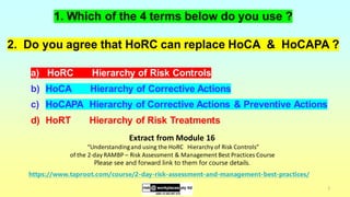 2
1. Which of the 4 terms below do you use ?
2. Do you agree that HoRC can replace HoCA & HoCAPA ?
a) HoRC Hierarchy of Risk Controls
b) HoCA Hierarchy of Corrective Actions
c) HoCAPA Hierarchy of Corrective Actions & Preventive Actions
d) HoRT Hierarchy of Risk Treatments
Extract from Module 16
“Understandingand using the HoRC Hierarchy of Risk Controls”
of the 2-day RAMBP – Risk Assessment & Management Best Practices Course
Please see and forward link to them for course details.
https://www.taproot.com/course/2-day-risk-assessment-and-management-best-practices/
 