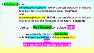 A Risk Control is both
corrective/retrospective - AFTER a process disruption or incident
to reduce the risk of it happening again - recurrence
and
preventive/prospective BEFORE a process disruption or incident
to reduce the risk of it happening in the future - occurrence
Use term Risk Control to replace CAPA
We need only this 1 term Risk Control
for both Corrective Actions and Preventive Actions
AND
We need only 1 Hierarchy of Controls
 