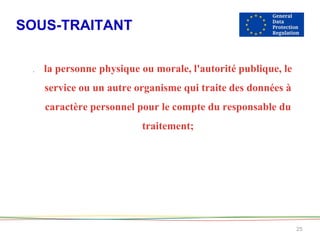 SOUS-TRAITANT
25
. la personne physique ou morale, l'autorité publique, le
service ou un autre organisme qui traite des données à
caractère personnel pour le compte du responsable du
traitement;
 