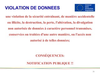 VIOLATION DE DONNEES
26
une violation de la sécurité entraînant, de manière accidentelle
ou illicite, la destruction, la perte, l'altération, la divulgation
non autorisée de données à caractère personnel transmises,
conservées ou traitées d'une autre manière, ou l'accès non
autorisé à de telles données;
CONSÉQUENCES:
NOTIFICATION PUBLIQUE !!
 