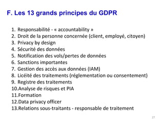 F. Les 13 grands principes du GDPR
27
1. Responsabilité - « accountability »
2. Droit de la personne concernée (client, employé, citoyen)
3. Privacy by design
4. Sécurité des données
5. Notification des vols/pertes de données
6. Sanctions importantes
7. Gestion des accès aux données (IAM)
8. Licéité des traitements (réglementation ou consentement)
9. Registre des traitements
10.Analyse de risques et PIA
11.Formation
12.Data privacy officer
13.Relations sous-traitants - responsable de traitement
 