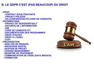 B. LE GDPR C'EST (PAS BEAUCOUP) DU DROIT
DROIT
CONTRAT SOUS-TRAITANTS
PRIVACY POLICIES
RH (CONFIDENTIALITÉ-CODE DE CONDUITE)
INFORMATIQUE
PRIVACY BY DESIGN/DEFAULT
SECURITE DE L'INFORMATION
IAM
CODE DE CONDUITE ICT
DOCUMENTATION DES PROGRAMMES
DROIT D'ACCES
DROIT A L'OUBLI
CC81
ORGANISATION
ANALYSE DE RISQUES
ARCHIVAGE DIGITAL
GESTION DE PROJET
CHANGE MANAGEMENT
REGISTRE DE TRAITEMENT
COMMUNICATION DE CRISE (DATA BREACH)
FORMATION
 