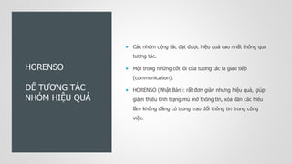 HORENSO
ĐỂ TƯƠNG TÁC
NHÓM HIỆU QUẢ
 Các nhóm cộng tác đạt được hiệu quả cao nhất thông qua
tương tác.
 Một trong những cốt lõi của tương tác là giao tiếp
(communication).
 HORENSO (Nhật Bản): rất đơn giản nhưng hiệu quả, giúp
giảm thiểu tình trạng mù mờ thông tin, xóa dần các hiểu
lầm không đáng có trong trao đổi thông tin trong công
việc.
 