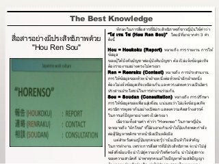 The Best Knowledge
สื่อสารอย่างมีประสิทธิภาพด้วย
"Hou Ren Sou"
ทักษะในการสื่อสารที่มีประสิทธิภาพที่ชาวญี่ปุ่นใช้คำาว่า
“โฮ เรน โซ (Hou Ren Sou)” โดยมีที่มาจากคำา 3 คำา
ดังนี้
Hou = Houkoku (Report) หมายถึง การรายงาน การให้
ข้อมูล
ของผู้ใต้บังคับบัญชาต่อผู้บังคับบัญชา ต้องไม่แจ้งข้อมูลเท็จ
ต้องรายงานอย่างตรงไปตรงมา
Ren = Renraku (Contact) หมายถึง การประสานงาน
การให้ข้อมูลของหัวหน้าฝ่ายหนึ่งต่อหัวหน้าอีกฝ่ายหนึ่ง
ต้องไม่แจ้งข้อมูลเท็จเหมือนกัน และควรแสดงความเป็นมิตร
ประสานประโยชน์ในการทำางานร่วมกัน
Sou = Soudan (Consultation) หมายถึง การปรึกษา
การให้ข้อมูลของเพื่อนสู่เพื่อน แน่นอนว่าไม่แจ้งข้อมูลเท็จ
ควรมีการพูดจากันอย่างเปิดอก แสดงความคิดสร้างสรรค์
ในการแก้ปัญหาอย่างตรงไปตรงมา
เมื่อรวมทั้งสามคำา คำาว่า "Horenso" ในภาษาญี่ปุ่น
จะหมายถึง "ผักโขม" ที่ป๊อบอายกินเข้าไปปุ๊บเกิดพละกำาลัง
ต่อสู้ปัญหาพลิกจากหน้ามือเป็นหลังมือ
แต่สำาหรับคนญี่ปุ่นทุกคนจะรู้ว่านั่นเป็นหัวใจสำาคัญ
ในการทำางาน เพราะการสื่อสารที่มีประสิทธิภาพ จะนำาไปสู่
พลังที่เข้มแข็ง นำาไปสู่ความเข้าใจที่ตรงกัน นำาไปสู่สภาวะ
ของความสามัคคี นำาพาทุกคนแก้ไขปัญหาด้วยสติปัญญา
 
