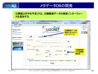 メタデータDBの開発
太陽観測データを
検索するためのイ
ンターフェース
太陽座標系
での空間範
囲指定
公開版(2月中を予定)では、太陽観測データの検索インターフェー
スを追加する
2012/2/15 12Hori, IUGONET project, 宇宙科学情報解析シンポジウム @ISAS
 