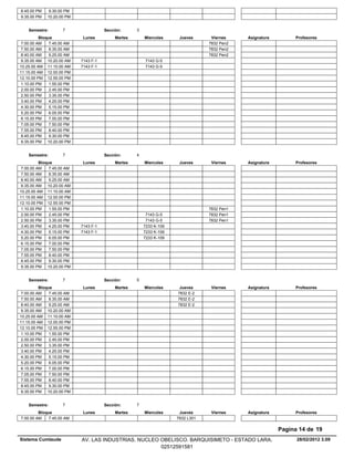 8.45.00 PM    9.30.00 PM
9.35.00 PM   10.20.00 PM


    Semestre:        7                 Sección:      3
          Bloque             Lunes          Martes       Miercoles     Jueves      Viernes    Asignatura        Profesores
 7.00.00 AM    7.45.00 AM                                                         7832 Pen2
 7.50.00 AM    8.35.00 AM                                                         7832 Pen2
 8.40.00 AM    9.25.00 AM                                                         7832 Pen2
 9.35.00 AM 10.20.00 AM     7143 F-1                     7143 G-5
10.25.00 AM 11.10.00 AM     7143 F-1                     7143 G-5
11.15.00 AM 12.00.00 PM
12.10.00 PM 12.55.00 PM
 1.10.00 PM    1.55.00 PM
 2.00.00 PM    2.45.00 PM
 2.50.00 PM    3.35.00 PM
 3.40.00 PM    4.25.00 PM
 4.30.00 PM    5.15.00 PM
 5.20.00 PM    6.05.00 PM
 6.15.00 PM    7.00.00 PM
 7.05.00 PM    7.50.00 PM
 7.55.00 PM    8.40.00 PM
 8.45.00 PM    9.30.00 PM
 9.35.00 PM 10.20.00 PM


    Semestre:        7                 Sección:      4
          Bloque             Lunes          Martes       Miercoles     Jueves      Viernes    Asignatura        Profesores
 7.00.00 AM    7.45.00 AM
 7.50.00 AM    8.35.00 AM
 8.40.00 AM    9.25.00 AM
 9.35.00 AM 10.20.00 AM
10.25.00 AM 11.10.00 AM
11.15.00 AM 12.00.00 PM
12.10.00 PM 12.55.00 PM
 1.10.00 PM    1.55.00 PM                                                         7832 Pen1
 2.00.00 PM    2.45.00 PM                                 7143 G-5                7832 Pen1
 2.50.00 PM    3.35.00 PM                                 7143 G-5                7832 Pen1
 3.40.00 PM    4.25.00 PM   7143 F-1                     7233 K-109
 4.30.00 PM    5.15.00 PM   7143 F-1                     7233 K-109
 5.20.00 PM    6.05.00 PM                                7233 K-109
 6.15.00 PM    7.00.00 PM
 7.05.00 PM    7.50.00 PM
 7.55.00 PM    8.40.00 PM
 8.45.00 PM    9.30.00 PM
 9.35.00 PM 10.20.00 PM


    Semestre:        7                 Sección:      5
          Bloque             Lunes          Martes       Miercoles     Jueves      Viernes    Asignatura        Profesores
 7.00.00 AM    7.45.00 AM                                             7832 E-2
 7.50.00 AM    8.35.00 AM                                             7832 E-2
 8.40.00 AM    9.25.00 AM                                             7832 E-2
 9.35.00 AM 10.20.00 AM
10.25.00 AM 11.10.00 AM
11.15.00 AM 12.00.00 PM
12.10.00 PM 12.55.00 PM
 1.10.00 PM    1.55.00 PM
 2.00.00 PM    2.45.00 PM
 2.50.00 PM    3.35.00 PM
 3.40.00 PM    4.25.00 PM
 4.30.00 PM    5.15.00 PM
 5.20.00 PM    6.05.00 PM
 6.15.00 PM    7.00.00 PM
 7.05.00 PM    7.50.00 PM
 7.55.00 PM    8.40.00 PM
 8.45.00 PM    9.30.00 PM
 9.35.00 PM 10.20.00 PM


    Semestre:        7                 Sección:      7
         Bloque              Lunes          Martes       Miercoles     Jueves      Viernes    Asignatura        Profesores
7.00.00 AM    7.45.00 AM                                              7832 L301

                                                                                                           Pagina 14 de 19
Sistema Cumlaude            AV. LAS INDUSTRIAS. NUCLEO OBELISCO. BARQUISIMETO - ESTADO LARA.                     28/02/2012 3.09
                                                       02512591581
 