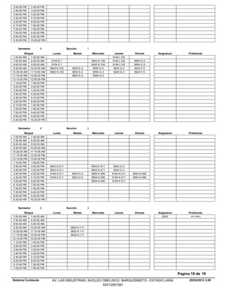 2.00.00 PM    2.45.00 PM
2.50.00 PM    3.35.00 PM
3.40.00 PM    4.25.00 PM
4.30.00 PM    5.15.00 PM
5.20.00 PM    6.05.00 PM
6.15.00 PM    7.00.00 PM
7.05.00 PM    7.50.00 PM
7.55.00 PM    8.40.00 PM
8.45.00 PM    9.30.00 PM
9.35.00 PM   10.20.00 PM


    Semestre:        9                   Sección:        1
          Bloque              Lunes           Martes         Miercoles      Jueves      Viernes     Asignatura        Profesores
 7.00.00 AM    7.45.00 AM                                                 9154 L103
 7.50.00 AM    8.35.00 AM    9154 E-1                        9543 K-109   9154 L103    9554 G-3
 8.40.00 AM    9.25.00 AM    9154 E-1                        9543 K-109   9154 L103    9554 G-3
 9.35.00 AM 10.20.00 AM     9543 K-103       9832 E-2         9554 G-3     9243 G-3    9243 F-5
10.25.00 AM 11.10.00 AM     9543 K-103       9832 E-2         9554 G-3     9243 G-3    9243 F-5
11.15.00 AM 12.00.00 PM                      9832 E-2         9554 G-3
12.10.00 PM 12.55.00 PM
 1.10.00 PM    1.55.00 PM
 2.00.00 PM    2.45.00 PM
 2.50.00 PM    3.35.00 PM
 3.40.00 PM    4.25.00 PM
 4.30.00 PM    5.15.00 PM
 5.20.00 PM    6.05.00 PM
 6.15.00 PM    7.00.00 PM
 7.05.00 PM    7.50.00 PM
 7.55.00 PM    8.40.00 PM
 8.45.00 PM    9.30.00 PM
 9.35.00 PM 10.20.00 PM


    Semestre:        9                   Sección:        2
          Bloque              Lunes           Martes         Miercoles     Jueves       Viernes     Asignatura        Profesores
 7.00.00 AM    7.45.00 AM
 7.50.00 AM    8.35.00 AM
 8.40.00 AM    9.25.00 AM
 9.35.00 AM 10.20.00 AM
10.25.00 AM 11.10.00 AM
11.15.00 AM 12.00.00 PM
12.10.00 PM 12.55.00 PM
 1.10.00 PM    1.55.00 PM
 2.00.00 PM    2.45.00 PM   9543 K-211                       9543 K-211    9243 G-3
 2.50.00 PM    3.35.00 PM   9543 K-211                       9543 K-211    9243 G-3
 3.40.00 PM    4.25.00 PM   9154 K-211       9243 G-3        9554 K-206   9154 K-211   9554 K-206
 4.30.00 PM    5.15.00 PM   9154 K-211       9243 G-3        9554 K-206   9154 K-211   9554 K-206
 5.20.00 PM    6.05.00 PM                                    9554 K-206   9154 K-211
 6.15.00 PM    7.00.00 PM
 7.05.00 PM    7.50.00 PM
 7.55.00 PM    8.40.00 PM
 8.45.00 PM    9.30.00 PM
 9.35.00 PM 10.20.00 PM


    Semestre:        9                   Sección:        3
          Bloque              Lunes           Martes         Miercoles     Jueves       Viernes     Asignatura        Profesores
 7.00.00 AM    7.45.00 AM                                                                              9243             (EN LINEA)

 7.50.00 AM    8.35.00 AM
 8.40.00 AM    9.25.00 AM
 9.35.00 AM 10.20.00 AM                     9832 K-111
10.25.00 AM 11.10.00 AM                     9832 K-111
11.15.00 AM 12.00.00 PM                     9832 K-111
12.10.00 PM 12.55.00 PM
 1.10.00 PM    1.55.00 PM
 2.00.00 PM    2.45.00 PM
 2.50.00 PM    3.35.00 PM
 3.40.00 PM    4.25.00 PM
 4.30.00 PM    5.15.00 PM
 5.20.00 PM    6.05.00 PM
 6.15.00 PM    7.00.00 PM
 7.05.00 PM    7.50.00 PM

                                                                                                                 Pagina 16 de 19
Sistema Cumlaude             AV. LAS INDUSTRIAS. NUCLEO OBELISCO. BARQUISIMETO - ESTADO LARA.                          28/02/2012 3.09
                                                        02512591581
 