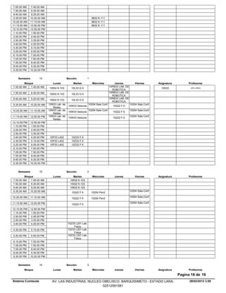 7.00.00 AM    7.45.00 AM
 7.50.00 AM    8.35.00 AM
 8.40.00 AM    9.25.00 AM
 9.35.00 AM   10.20.00 AM                                          9832 K-111
10.25.00 AM   11.10.00 AM                                          9832 K-111
11.15.00 AM   12.00.00 PM                                          9832 K-111
12.10.00 PM   12.55.00 PM
 1.10.00 PM    1.55.00 PM
 2.00.00 PM    2.45.00 PM
 2.50.00 PM    3.35.00 PM
 3.40.00 PM    4.25.00 PM
 4.30.00 PM    5.15.00 PM
 5.20.00 PM    6.05.00 PM
 6.15.00 PM    7.00.00 PM
 7.05.00 PM    7.50.00 PM
 7.55.00 PM    8.40.00 PM
 8.45.00 PM    9.30.00 PM
 9.35.00 PM   10.20.00 PM


    Semestre:         10                     Sección:          1
         Bloque                 Lunes             Martes           Miercoles         Jueves            Viernes        Asignatura        Profesores
7.00.00 AM    7.45.00 AM                                                          10RB33 LAB. DE
                             10932 K-103        10L33 G-5                                                               10S33             (EN LINEA)
                                                                                    ROBOTICA
7.50.00 AM      8.35.00 AM                                                        10RB33 LAB. DE
                             10932 K-103        10L33 G-5
                                                                                    ROBOTICA
8.40.00 AM      9.25.00 AM                                                        10RB33 LAB. DE
                             10932 K-103        10L33 G-5
                                                                                    ROBOTICA
9.35.00 AM    10.20.00 AM    10N33 Lab. de                     10254 Sala Conf.                    10254 Sala Conf.
                                              10W33 Seducla                         10222 F-5
                                Redes
10.25.00 AM   11.10.00 AM    10N33 Lab. de                     10254 Sala Conf.                    10254 Sala Conf.
                                              10W33 Seducla                         10222 F-5
                                Redes
11.15.00 AM   12.00.00 PM    10N33 Lab. de                                                         10254 Sala Conf.
                                              10W33 Seducla                         10222 F-5
                                Redes
12.10.00 PM   12.55.00 PM
 1.10.00 PM    1.55.00 PM
 2.00.00 PM    2.45.00 PM
 2.50.00 PM    3.35.00 PM
 3.40.00 PM    4.25.00 PM     10P33 L402        10Z33 F-5
 4.30.00 PM    5.15.00 PM     10P33 L402        10Z33 F-5
 5.20.00 PM    6.05.00 PM     10P33 L402        10Z33 F-5
 6.15.00 PM    7.00.00 PM
 7.05.00 PM    7.50.00 PM
 7.55.00 PM    8.40.00 PM
 8.45.00 PM    9.30.00 PM
 9.35.00 PM   10.20.00 PM


    Semestre:         10                     Sección:          2
         Bloque                 Lunes            Martes            Miercoles         Jueves            Viernes        Asignatura        Profesores
7.00.00 AM    7.45.00 AM                       10932 K-103
7.50.00 AM    8.35.00 AM                       10932 K-103
8.40.00 AM    9.25.00 AM                       10932 K-103
9.35.00 AM 10.20.00 AM                                                                             10254 Sala Conf.
                                                10222 F-5          10254 Pen2
10.25.00 AM   11.10.00 AM                                                                          10254 Sala Conf.
                                                10222 F-5          10254 Pen2
11.15.00 AM   12.00.00 PM                                                                          10254 Sala Conf.
                                                10222 F-5
12.10.00 PM   12.55.00 PM
 1.10.00 PM    1.55.00 PM
 2.00.00 PM    2.45.00 PM
 2.50.00 PM    3.35.00 PM
 3.40.00 PM    4.25.00 PM                    10Z33 L201 Lab.
                                                 Fisica
4.30.00 PM      5.15.00 PM                   10Z33 L201 Lab.
                                                 Fisica
5.20.00 PM      6.05.00 PM                   10Z33 L201 Lab.
                                                 Fisica
6.15.00 PM     7.00.00 PM
7.05.00 PM     7.50.00 PM
7.55.00 PM     8.40.00 PM
8.45.00 PM     9.30.00 PM
9.35.00 PM    10.20.00 PM


    Semestre:         10                     Sección:          3
        Bloque                  Lunes             Martes           Miercoles         Jueves            Viernes        Asignatura        Profesores
                                                                                                                                   Pagina 18 de 19
Sistema Cumlaude               AV. LAS INDUSTRIAS. NUCLEO OBELISCO. BARQUISIMETO - ESTADO LARA.                                          28/02/2012 3.09
                                                          02512591581
 