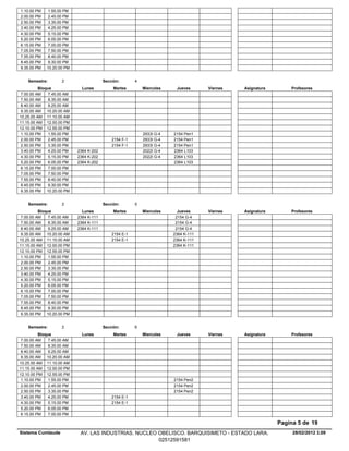 1.10.00 PM    1.55.00 PM
2.00.00 PM    2.45.00 PM
2.50.00 PM    3.35.00 PM
3.40.00 PM    4.25.00 PM
4.30.00 PM    5.15.00 PM
5.20.00 PM    6.05.00 PM
6.15.00 PM    7.00.00 PM
7.05.00 PM    7.50.00 PM
7.55.00 PM    8.40.00 PM
8.45.00 PM    9.30.00 PM
9.35.00 PM   10.20.00 PM


    Semestre:        2                   Sección:       4
          Bloque              Lunes           Martes        Miercoles    Jueves      Viernes   Asignatura       Profesores
 7.00.00 AM    7.45.00 AM
 7.50.00 AM    8.35.00 AM
 8.40.00 AM    9.25.00 AM
 9.35.00 AM 10.20.00 AM
10.25.00 AM 11.10.00 AM
11.15.00 AM 12.00.00 PM
12.10.00 PM 12.55.00 PM
 1.10.00 PM    1.55.00 PM                                   2933I G-4   2154 Pen1
 2.00.00 PM    2.45.00 PM                    2154 F-1       2933I G-4   2154 Pen1
 2.50.00 PM    3.35.00 PM                    2154 F-1       2933I G-4   2154 Pen1
 3.40.00 PM    4.25.00 PM   2364 K-202                      2022I G-4   2364 L103
 4.30.00 PM    5.15.00 PM   2364 K-202                      2022I G-4   2364 L103
 5.20.00 PM    6.05.00 PM   2364 K-202                                  2364 L103
 6.15.00 PM    7.00.00 PM
 7.05.00 PM    7.50.00 PM
 7.55.00 PM    8.40.00 PM
 8.45.00 PM    9.30.00 PM
 9.35.00 PM 10.20.00 PM


    Semestre:        2                   Sección:       5
          Bloque              Lunes           Martes        Miercoles     Jueves     Viernes   Asignatura       Profesores
 7.00.00 AM    7.45.00 AM   2364 K-111                                   2154 G-4
 7.50.00 AM    8.35.00 AM   2364 K-111                                   2154 G-4
 8.40.00 AM    9.25.00 AM   2364 K-111                                   2154 G-4
 9.35.00 AM 10.20.00 AM                      2154 E-1                   2364 K-111
10.25.00 AM 11.10.00 AM                      2154 E-1                   2364 K-111
11.15.00 AM 12.00.00 PM                                                 2364 K-111
12.10.00 PM 12.55.00 PM
 1.10.00 PM    1.55.00 PM
 2.00.00 PM    2.45.00 PM
 2.50.00 PM    3.35.00 PM
 3.40.00 PM    4.25.00 PM
 4.30.00 PM    5.15.00 PM
 5.20.00 PM    6.05.00 PM
 6.15.00 PM    7.00.00 PM
 7.05.00 PM    7.50.00 PM
 7.55.00 PM    8.40.00 PM
 8.45.00 PM    9.30.00 PM
 9.35.00 PM 10.20.00 PM


    Semestre:        2                   Sección:       6
          Bloque              Lunes           Martes        Miercoles    Jueves      Viernes   Asignatura       Profesores
 7.00.00 AM    7.45.00 AM
 7.50.00 AM    8.35.00 AM
 8.40.00 AM    9.25.00 AM
 9.35.00 AM 10.20.00 AM
10.25.00 AM 11.10.00 AM
11.15.00 AM 12.00.00 PM
12.10.00 PM 12.55.00 PM
 1.10.00 PM    1.55.00 PM                                               2154 Pen2
 2.00.00 PM    2.45.00 PM                                               2154 Pen2
 2.50.00 PM    3.35.00 PM                                               2154 Pen2
 3.40.00 PM    4.25.00 PM                    2154 E-1
 4.30.00 PM    5.15.00 PM                    2154 E-1
 5.20.00 PM    6.05.00 PM
 6.15.00 PM    7.00.00 PM

                                                                                                            Pagina 5 de 19
Sistema Cumlaude             AV. LAS INDUSTRIAS. NUCLEO OBELISCO. BARQUISIMETO - ESTADO LARA.                    28/02/2012 3.09
                                                        02512591581
 