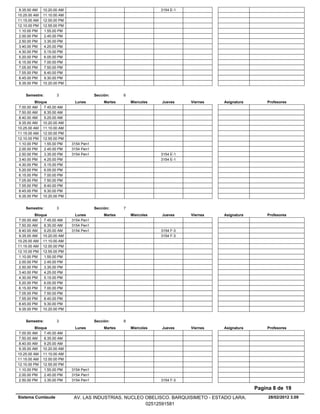 9.35.00 AM   10.20.00 AM                                             3154 E-1
10.25.00 AM   11.10.00 AM
11.15.00 AM   12.00.00 PM
12.10.00 PM   12.55.00 PM
 1.10.00 PM    1.55.00 PM
 2.00.00 PM    2.45.00 PM
 2.50.00 PM    3.35.00 PM
 3.40.00 PM    4.25.00 PM
 4.30.00 PM    5.15.00 PM
 5.20.00 PM    6.05.00 PM
 6.15.00 PM    7.00.00 PM
 7.05.00 PM    7.50.00 PM
 7.55.00 PM    8.40.00 PM
 8.45.00 PM    9.30.00 PM
 9.35.00 PM   10.20.00 PM


    Semestre:        3                  Sección:      6
          Bloque             Lunes           Martes       Miercoles   Jueves     Viernes   Asignatura       Profesores
 7.00.00 AM    7.45.00 AM
 7.50.00 AM    8.35.00 AM
 8.40.00 AM    9.25.00 AM
 9.35.00 AM 10.20.00 AM
10.25.00 AM 11.10.00 AM
11.15.00 AM 12.00.00 PM
12.10.00 PM 12.55.00 PM
 1.10.00 PM    1.55.00 PM   3154 Pen1
 2.00.00 PM    2.45.00 PM   3154 Pen1
 2.50.00 PM    3.35.00 PM   3154 Pen1                                 3154 E-1
 3.40.00 PM    4.25.00 PM                                             3154 E-1
 4.30.00 PM    5.15.00 PM
 5.20.00 PM    6.05.00 PM
 6.15.00 PM    7.00.00 PM
 7.05.00 PM    7.50.00 PM
 7.55.00 PM    8.40.00 PM
 8.45.00 PM    9.30.00 PM
 9.35.00 PM 10.20.00 PM


    Semestre:        3                  Sección:      7
          Bloque              Lunes          Martes       Miercoles   Jueves     Viernes   Asignatura       Profesores
 7.00.00 AM    7.45.00 AM   3154 Pen1
 7.50.00 AM    8.35.00 AM   3154 Pen1
 8.40.00 AM    9.25.00 AM   3154 Pen1                                 3154 F-3
 9.35.00 AM 10.20.00 AM                                               3154 F-3
10.25.00 AM 11.10.00 AM
11.15.00 AM 12.00.00 PM
12.10.00 PM 12.55.00 PM
 1.10.00 PM    1.55.00 PM
 2.00.00 PM    2.45.00 PM
 2.50.00 PM    3.35.00 PM
 3.40.00 PM    4.25.00 PM
 4.30.00 PM    5.15.00 PM
 5.20.00 PM    6.05.00 PM
 6.15.00 PM    7.00.00 PM
 7.05.00 PM    7.50.00 PM
 7.55.00 PM    8.40.00 PM
 8.45.00 PM    9.30.00 PM
 9.35.00 PM 10.20.00 PM


    Semestre:        3                  Sección:      8
          Bloque             Lunes           Martes       Miercoles   Jueves     Viernes   Asignatura       Profesores
 7.00.00 AM    7.45.00 AM
 7.50.00 AM    8.35.00 AM
 8.40.00 AM    9.25.00 AM
 9.35.00 AM 10.20.00 AM
10.25.00 AM 11.10.00 AM
11.15.00 AM 12.00.00 PM
12.10.00 PM 12.55.00 PM
 1.10.00 PM    1.55.00 PM   3154 Pen1
 2.00.00 PM    2.45.00 PM   3154 Pen1
 2.50.00 PM    3.35.00 PM   3154 Pen1                                 3154 F-3

                                                                                                        Pagina 8 de 19
Sistema Cumlaude             AV. LAS INDUSTRIAS. NUCLEO OBELISCO. BARQUISIMETO - ESTADO LARA.                28/02/2012 3.09
                                                        02512591581
 