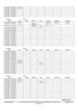 3.40.00 PM 3554 K-1094.25.00 PM
4.30.00 PM 3554 K-1095.15.00 PM
5.20.00 PM 6.05.00 PM
6.15.00 PM 7.00.00 PM
7.05.00 PM 7.50.00 PM
7.55.00 PM 8.40.00 PM
8.45.00 PM 9.30.00 PM
9.35.00 PM 10.20.00 PM
Lunes Miercoles Jueves ViernesMartesBloque ProfesoresAsignatura
Semestre: 3 Sección: 5
3554 K-1097.00.00 AM ERIK CASERES3554 K-1093154 L4017.45.00 AM
3554 Lab.
Microscopia
3554 K-1097.50.00 AM ERIK CASERES3554 Lab.3154 L4018.35.00 AM
3554 Lab.
Microscopia
3154 E-1 3554 K-1098.40.00 AM 3154 L4019.25.00 AM
3154 E-19.35.00 AM 10.20.00 AM
10.25.00 AM 11.10.00 AM
11.15.00 AM 12.00.00 PM
12.10.00 PM 12.55.00 PM
1.10.00 PM 1.55.00 PM
2.00.00 PM 2.45.00 PM
2.50.00 PM 3.35.00 PM
3.40.00 PM 4.25.00 PM
4.30.00 PM 5.15.00 PM
5.20.00 PM 6.05.00 PM
6.15.00 PM 7.00.00 PM
7.05.00 PM 7.50.00 PM
7.55.00 PM 8.40.00 PM
8.45.00 PM 9.30.00 PM
9.35.00 PM 10.20.00 PM
Lunes Miercoles Jueves ViernesMartesBloque ProfesoresAsignatura
Semestre: 3 Sección: 6
7.00.00 AM 7.45.00 AM
7.50.00 AM 8.35.00 AM
8.40.00 AM 9.25.00 AM
9.35.00 AM 10.20.00 AM
10.25.00 AM 11.10.00 AM
11.15.00 AM 12.00.00 PM
12.10.00 PM 12.55.00 PM
1.10.00 PM 3154 K-2051.55.00 PM
2.00.00 PM 3154 K-2052.45.00 PM
3154 E-12.50.00 PM 3154 K-2053.35.00 PM
3154 E-13.40.00 PM 4.25.00 PM
4.30.00 PM 5.15.00 PM
5.20.00 PM 6.05.00 PM
6.15.00 PM 7.00.00 PM
7.05.00 PM 7.50.00 PM
7.55.00 PM 8.40.00 PM
8.45.00 PM 9.30.00 PM
9.35.00 PM 10.20.00 PM
Lunes Miercoles Jueves ViernesMartesBloque ProfesoresAsignatura
Semestre: 3 Sección: 7
7.00.00 AM 3154 L4017.45.00 AM
7.50.00 AM 3154 L4018.35.00 AM
3154 F-38.40.00 AM 3154 L4019.25.00 AM
3154 F-39.35.00 AM 10.20.00 AM
10.25.00 AM 11.10.00 AM
11.15.00 AM 12.00.00 PM
12.10.00 PM 12.55.00 PM
1.10.00 PM 1.55.00 PM
2.00.00 PM 2.45.00 PM
2.50.00 PM 3.35.00 PM
3.40.00 PM 4.25.00 PM
4.30.00 PM 5.15.00 PM
5.20.00 PM 6.05.00 PM
6.15.00 PM 7.00.00 PM
7.05.00 PM 7.50.00 PM
7.55.00 PM 8.40.00 PM
25/04/2013 12.37
Pagina 9 de 21
Sistema Cumlaude AV. LAS INDUSTRIAS. NUCLEO OBELISCO. BARQUISIMETO - ESTADO LARA.
02512591581
 