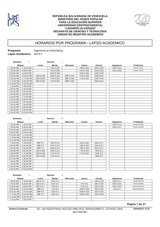 HORARIOS POR PROGRAMA - LAPSO ACADEMICO
Programa: Ingeniería en Informática
Lapso Academico: 2013-1
REPÚBLICA BOLIVARIANA DE VENEZUELA
MINISTERIO DEL PODER POPULAR
PARA LA EDUCACIÓN SUPERIOR
UNIVERSIDAD CENTROCCIDENTAL
"LISANDRO ALVARADO"
DECANATO DE CIENCIAS Y TECNOLOGIA
UNIDAD DE REGISTRO ACADEMICO
Lunes Miercoles Jueves ViernesMartesBloque ProfesoresAsignatura
Semestre: 1 Sección: 1
1354 K-202 1364 K-205 1354 K-2027.00.00 AM MIGUEL VIVAS1364 K-2057.45.00 AM
1354 K-202 1364 K-205 1354 K-2027.50.00 AM EBNER PINEDA1354 K-2028.35.00 AM
1022I K-203 1364 K-205 1354 K-2028.40.00 AM 9.25.00 AM
1022I K-203 ABP K-203 1744 K-203 1933I Pen29.35.00 AM 1364 K-20510.20.00 AM
1744 K-203 ABP K-203 1744 K-203 1933I Pen210.25.00 AM 1364 K-20511.10.00 AM
1744 K-203 ABP K-203 1933I Pen211.15.00 AM 1364 K-20512.00.00 PM
12.10.00 PM 12.55.00 PM
1.10.00 PM 1.55.00 PM
2.00.00 PM 2.45.00 PM
2.50.00 PM 3.35.00 PM
3.40.00 PM 4.25.00 PM
4.30.00 PM 5.15.00 PM
5.20.00 PM 6.05.00 PM
6.15.00 PM 7.00.00 PM
7.05.00 PM 7.50.00 PM
7.55.00 PM 8.40.00 PM
8.45.00 PM 9.30.00 PM
9.35.00 PM 10.20.00 PM
Lunes Miercoles Jueves ViernesMartesBloque ProfesoresAsignatura
Semestre: 1 Sección: 2
7.00.00 AM EDGAR GUEDEZ1354 K-2107.45.00 AM
7.50.00 AM EDGAR GUEDEZ1354 K-2118.35.00 AM
8.40.00 AM 9.25.00 AM
9.35.00 AM 10.20.00 AM
10.25.00 AM 11.10.00 AM
11.15.00 AM 12.00.00 PM
12.10.00 PM 12.55.00 PM
1354 K-210 1364 K-202 1354 K-2111.10.00 PM ABP F-51.55.00 PM
1354 K-210 1364 K-202 1354 K-2112.00.00 PM ABP F-52.45.00 PM
1022I K-210 1364 K-202 1354 K-2112.50.00 PM ABP F-53.35.00 PM
1022I K-210 1744 K-205 1933I G-33.40.00 PM 1364 K-2064.25.00 PM
1744 K-210 1744 K-205 1933I G-34.30.00 PM 1364 K-2065.15.00 PM
1744 K-210 1933I G-35.20.00 PM 1364 K-2066.05.00 PM
6.15.00 PM 7.00.00 PM
7.05.00 PM 7.50.00 PM
7.55.00 PM 8.40.00 PM
8.45.00 PM 9.30.00 PM
9.35.00 PM 10.20.00 PM
Lunes Miercoles Jueves ViernesMartesBloque ProfesoresAsignatura
Semestre: 1 Sección: 3
1022I G-4 1364 K-2037.00.00 AM JORGE MORENO1364 K-2111364 K-2117.45.00 AM
1022I G-4 1744 G-5 1364 K-2037.50.00 AM JORGE MORENO1364 K-2031364 K-2118.35.00 AM
1744 G-4 1744 G-5 1364 K-2038.40.00 AM NAHIM GONZALEZ1354 K-2031364 K-2119.25.00 AM
1744 G-4 1933I K-205 1354 K-2039.35.00 AM NAHIM GONZALEZ1354 G-4ABP F-510.20.00 AM
1354 G-4 1933I K-205 1354 K-20310.25.00 AM ABP F-511.10.00 AM
1354 G-4 1933I K-205 1354 K-20311.15.00 AM ABP F-512.00.00 PM
12.10.00 PM 12.55.00 PM
1.10.00 PM 1.55.00 PM
25/04/2013 12.37
Pagina 1 de 21
Sistema Cumlaude AV. LAS INDUSTRIAS. NUCLEO OBELISCO. BARQUISIMETO - ESTADO LARA.
02512591581
 