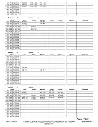 81322 LAB 2 8733 K-2033.40.00 PM 8933 G-54.25.00 PM
81322 LAB 2 8733 K-2034.30.00 PM 8933 G-55.15.00 PM
81322 LAB 2 8733 K-2035.20.00 PM 8933 G-56.05.00 PM
6.15.00 PM 7.00.00 PM
7.05.00 PM 7.50.00 PM
7.55.00 PM 8.40.00 PM
8.45.00 PM 9.30.00 PM
9.35.00 PM 10.20.00 PM
Lunes Miercoles Jueves ViernesMartesBloque ProfesoresAsignatura
Semestre: 8 Sección: 3
8154 Pen27.00.00 AM 8154 G-57.45.00 AM
8154 Pen27.50.00 AM 8154 G-58.35.00 AM
8.40.00 AM 8154 G-59.25.00 AM
8933 K-1049.35.00 AM 10.20.00 AM
8933 K-10410.25.00 AM 11.10.00 AM
8933 K-10411.15.00 AM 12.00.00 PM
12.10.00 PM 12.55.00 PM
1.10.00 PM 1.55.00 PM
2.00.00 PM 2.45.00 PM
2.50.00 PM 3.35.00 PM
3.40.00 PM 4.25.00 PM
4.30.00 PM 5.15.00 PM
5.20.00 PM 6.05.00 PM
6.15.00 PM 7.00.00 PM
7.05.00 PM 7.50.00 PM
7.55.00 PM 8.40.00 PM
8.45.00 PM 9.30.00 PM
9.35.00 PM 10.20.00 PM
Lunes Miercoles Jueves ViernesMartesBloque ProfesoresAsignatura
Semestre: 8 Sección: 4
7.00.00 AM 7.45.00 AM
7.50.00 AM 8.35.00 AM
8.40.00 AM 9.25.00 AM
9.35.00 AM 10.20.00 AM
10.25.00 AM 11.10.00 AM
11.15.00 AM 12.00.00 PM
12.10.00 PM 12.55.00 PM
1.10.00 PM 8154 Pen11.55.00 PM
8154 Pen12.00.00 PM 8154 Pen12.45.00 PM
8154 Pen12.50.00 PM 8154 Pen13.35.00 PM
3.40.00 PM 4.25.00 PM
4.30.00 PM 5.15.00 PM
5.20.00 PM 6.05.00 PM
6.15.00 PM 7.00.00 PM
7.05.00 PM 7.50.00 PM
7.55.00 PM 8.40.00 PM
8.45.00 PM 9.30.00 PM
9.35.00 PM 10.20.00 PM
Lunes Miercoles Jueves ViernesMartesBloque ProfesoresAsignatura
Semestre: 9 Sección: 1
9154 L1037.00.00 AM 7.45.00 AM
9543 K-211 9154 L103 9554 Pen27.50.00 AM 9154 G-38.35.00 AM
9543 K-211 9154 L103 9554 Pen28.40.00 AM 9154 G-39.25.00 AM
9832 E-2 9554 G-3 9243 G-5 9243 F-59.35.00 AM 10.20.00 AM
9832 E-2 9554 G-3 9243 G-5 9243 F-510.25.00 AM 9543 K-21111.10.00 AM
9832 E-2 9554 G-311.15.00 AM 9543 K-21112.00.00 PM
12.10.00 PM 12.55.00 PM
1.10.00 PM 1.55.00 PM
2.00.00 PM 2.45.00 PM
2.50.00 PM 3.35.00 PM
3.40.00 PM 4.25.00 PM
4.30.00 PM 5.15.00 PM
5.20.00 PM 6.05.00 PM
6.15.00 PM 7.00.00 PM
7.05.00 PM 7.50.00 PM
7.55.00 PM 8.40.00 PM
8.45.00 PM 9.30.00 PM
25/04/2013 5.58
Pagina 17 de 21
Sistema Cumlaude AV. LAS INDUSTRIAS. NUCLEO OBELISCO. BARQUISIMETO - ESTADO LARA.
02512591581
 
