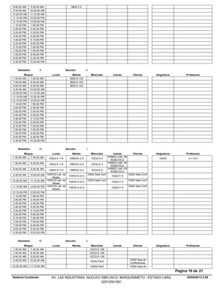 9832 E-28.40.00 AM 9.25.00 AM
9.35.00 AM 10.20.00 AM
10.25.00 AM 11.10.00 AM
11.15.00 AM 12.00.00 PM
12.10.00 PM 12.55.00 PM
1.10.00 PM 1.55.00 PM
2.00.00 PM 2.45.00 PM
2.50.00 PM 3.35.00 PM
3.40.00 PM 4.25.00 PM
4.30.00 PM 5.15.00 PM
5.20.00 PM 6.05.00 PM
6.15.00 PM 7.00.00 PM
7.05.00 PM 7.50.00 PM
7.55.00 PM 8.40.00 PM
8.45.00 PM 9.30.00 PM
9.35.00 PM 10.20.00 PM
Lunes Miercoles Jueves ViernesMartesBloque ProfesoresAsignatura
Semestre: 9 Sección: 6
9832 K-1037.00.00 AM 7.45.00 AM
9832 K-1037.50.00 AM 8.35.00 AM
9832 K-1038.40.00 AM 9.25.00 AM
9.35.00 AM 10.20.00 AM
10.25.00 AM 11.10.00 AM
11.15.00 AM 12.00.00 PM
12.10.00 PM 12.55.00 PM
1.10.00 PM 1.55.00 PM
2.00.00 PM 2.45.00 PM
2.50.00 PM 3.35.00 PM
3.40.00 PM 4.25.00 PM
4.30.00 PM 5.15.00 PM
5.20.00 PM 6.05.00 PM
6.15.00 PM 7.00.00 PM
7.05.00 PM 7.50.00 PM
7.55.00 PM 8.40.00 PM
8.45.00 PM 9.30.00 PM
9.35.00 PM 10.20.00 PM
Lunes Miercoles Jueves ViernesMartesBloque ProfesoresAsignatura
Semestre: 10 Sección: 1
10MD33 G-5 10Z33 E-2
10RB33 LAB. DE
ROBOTICA
7.00.00 AM (EN LINEA)10S3310932 K-1107.45.00 AM
10MD33 G-5 10Z33 E-2
10RB33 LAB. DE
ROBOTICA
7.50.00 AM 10932 K-1108.35.00 AM
10MD33 G-5 10Z33 E-2
10RB33 LAB. DE
ROBOTICA
8.40.00 AM 10932 K-1109.25.00 AM
10W33 K-213
10254 Sala Conf.
10222 F-5
10254 Sala Conf.9.35.00 AM 10WF33 Lab. de
Redes
10.20.00 AM
10W33 K-213
10254 Sala Conf.
10222 F-5
10254 Sala Conf.10.25.00 AM 10WF33 Lab. de
Redes
11.10.00 AM
10W33 K-213 10222 F-5
10254 Sala Conf.11.15.00 AM 10WF33 Lab. de
Redes
12.00.00 PM
12.10.00 PM 12.55.00 PM
1.10.00 PM 1.55.00 PM
2.00.00 PM 2.45.00 PM
2.50.00 PM 3.35.00 PM
3.40.00 PM 4.25.00 PM
4.30.00 PM 5.15.00 PM
5.20.00 PM 6.05.00 PM
6.15.00 PM 7.00.00 PM
7.05.00 PM 7.50.00 PM
7.55.00 PM 8.40.00 PM
8.45.00 PM 9.30.00 PM
9.35.00 PM 10.20.00 PM
Lunes Miercoles Jueves ViernesMartesBloque ProfesoresAsignatura
Semestre: 10 Sección: 2
10Z33 K-1097.00.00 AM 7.45.00 AM
10Z33 K-1097.50.00 AM 8.35.00 AM
10Z33 K-1098.40.00 AM 9.25.00 AM
10254 Pen2
10254 Sala de
Conferencias
9.35.00 AM 10.20.00 AM
10254 Pen2 10254 Sala de10.25.00 AM 11.10.00 AM
25/04/2013 5.58
Pagina 19 de 21
Sistema Cumlaude AV. LAS INDUSTRIAS. NUCLEO OBELISCO. BARQUISIMETO - ESTADO LARA.
02512591581
 