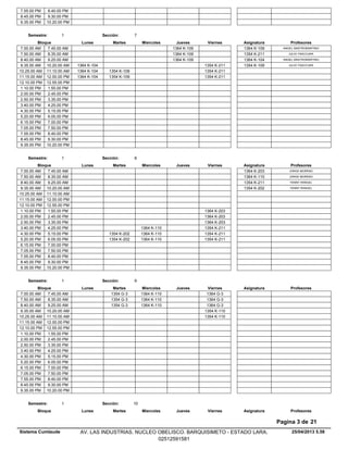 7.55.00 PM 8.40.00 PM
8.45.00 PM 9.30.00 PM
9.35.00 PM 10.20.00 PM
Lunes Miercoles Jueves ViernesMartesBloque ProfesoresAsignatura
Semestre: 1 Sección: 7
1364 K-1097.00.00 AM ANGEL MASTROMARTINO1364 K-1097.45.00 AM
1364 K-1097.50.00 AM JULIO YSACCURA1354 K-2118.35.00 AM
1364 K-1098.40.00 AM ANGEL MASTROMARTINO1364 K-1049.25.00 AM
1354 K-2119.35.00 AM JULIO YSACCURA1354 K-1091364 K-10410.20.00 AM
1354 K-109 1354 K-21110.25.00 AM 1364 K-10411.10.00 AM
1354 K-109 1354 K-21111.15.00 AM 1364 K-10412.00.00 PM
12.10.00 PM 12.55.00 PM
1.10.00 PM 1.55.00 PM
2.00.00 PM 2.45.00 PM
2.50.00 PM 3.35.00 PM
3.40.00 PM 4.25.00 PM
4.30.00 PM 5.15.00 PM
5.20.00 PM 6.05.00 PM
6.15.00 PM 7.00.00 PM
7.05.00 PM 7.50.00 PM
7.55.00 PM 8.40.00 PM
8.45.00 PM 9.30.00 PM
9.35.00 PM 10.20.00 PM
Lunes Miercoles Jueves ViernesMartesBloque ProfesoresAsignatura
Semestre: 1 Sección: 8
7.00.00 AM JORGE MORENO1364 K-2037.45.00 AM
7.50.00 AM JORGE MORENO1364 K-1108.35.00 AM
8.40.00 AM YENNY RANGEL1354 K-2119.25.00 AM
9.35.00 AM YENNY RANGEL1354 K-20210.20.00 AM
10.25.00 AM 11.10.00 AM
11.15.00 AM 12.00.00 PM
12.10.00 PM 12.55.00 PM
1364 K-2031.10.00 PM 1.55.00 PM
1364 K-2032.00.00 PM 2.45.00 PM
1364 K-2032.50.00 PM 3.35.00 PM
1364 K-110 1354 K-2113.40.00 PM 4.25.00 PM
1354 K-202 1364 K-110 1354 K-2114.30.00 PM 5.15.00 PM
1354 K-202 1364 K-110 1354 K-2115.20.00 PM 6.05.00 PM
6.15.00 PM 7.00.00 PM
7.05.00 PM 7.50.00 PM
7.55.00 PM 8.40.00 PM
8.45.00 PM 9.30.00 PM
9.35.00 PM 10.20.00 PM
Lunes Miercoles Jueves ViernesMartesBloque ProfesoresAsignatura
Semestre: 1 Sección: 9
1354 G-3 1364 K-110 1364 G-37.00.00 AM 7.45.00 AM
1354 G-3 1364 K-110 1364 G-37.50.00 AM 8.35.00 AM
1354 G-3 1364 K-110 1364 G-38.40.00 AM 9.25.00 AM
1354 K-1109.35.00 AM 10.20.00 AM
1354 K-11010.25.00 AM 11.10.00 AM
11.15.00 AM 12.00.00 PM
12.10.00 PM 12.55.00 PM
1.10.00 PM 1.55.00 PM
2.00.00 PM 2.45.00 PM
2.50.00 PM 3.35.00 PM
3.40.00 PM 4.25.00 PM
4.30.00 PM 5.15.00 PM
5.20.00 PM 6.05.00 PM
6.15.00 PM 7.00.00 PM
7.05.00 PM 7.50.00 PM
7.55.00 PM 8.40.00 PM
8.45.00 PM 9.30.00 PM
9.35.00 PM 10.20.00 PM
Lunes Miercoles Jueves ViernesMartesBloque ProfesoresAsignatura
Semestre: 1 Sección: 10
25/04/2013 5.58
Pagina 3 de 21
Sistema Cumlaude AV. LAS INDUSTRIAS. NUCLEO OBELISCO. BARQUISIMETO - ESTADO LARA.
02512591581
 