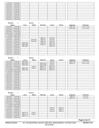 1.10.00 PM 1.55.00 PM
2.00.00 PM 2.45.00 PM
2.50.00 PM 3.35.00 PM
3.40.00 PM 4.25.00 PM
4.30.00 PM 5.15.00 PM
5.20.00 PM 6.05.00 PM
6.15.00 PM 7.00.00 PM
7.05.00 PM 7.50.00 PM
7.55.00 PM 8.40.00 PM
8.45.00 PM 9.30.00 PM
9.35.00 PM 10.20.00 PM
Lunes Miercoles Jueves ViernesMartesBloque ProfesoresAsignatura
Semestre: 2 Sección: 4
7.00.00 AM MIGUEL ESTRANO2364 L1037.45.00 AM
7.50.00 AM MIGUEL ESTRANO2364 K-2028.35.00 AM
8.40.00 AM 9.25.00 AM
9.35.00 AM 10.20.00 AM
10.25.00 AM 11.10.00 AM
11.15.00 AM 12.00.00 PM
12.10.00 PM 12.55.00 PM
2933I G-4 2154 L4011.10.00 PM 1.55.00 PM
2154 LAB 1 2933I G-4 2154 L4012.00.00 PM 2.45.00 PM
2154 LAB 1 2933I G-4 2154 L4012.50.00 PM 3.35.00 PM
2022I G-4 2364 L1033.40.00 PM 2364 K-2024.25.00 PM
2022I G-4 2364 L1034.30.00 PM 2364 K-2025.15.00 PM
2364 L1035.20.00 PM 2364 K-2026.05.00 PM
6.15.00 PM 7.00.00 PM
7.05.00 PM 7.50.00 PM
7.55.00 PM 8.40.00 PM
8.45.00 PM 9.30.00 PM
9.35.00 PM 10.20.00 PM
Lunes Miercoles Jueves ViernesMartesBloque ProfesoresAsignatura
Semestre: 2 Sección: 5
2154 G-47.00.00 AM MIGUEL ESTRANO2364 K-2062364 K-2067.45.00 AM
2022I K-206 2154 G-47.50.00 AM MIGUEL ESTRANO2364 K-2112364 K-2068.35.00 AM
2022I K-206 2154 G-48.40.00 AM 2364 K-2069.25.00 AM
2154 E-1 2654I K-211 2364 K-2119.35.00 AM 10.20.00 AM
2154 E-1 2654I K-211 2364 K-21110.25.00 AM 2654I L30311.10.00 AM
2654I K-211 2364 K-21111.15.00 AM 2654I L30312.00.00 PM
12.10.00 PM 12.55.00 PM
1.10.00 PM 1.55.00 PM
2.00.00 PM 2.45.00 PM
2.50.00 PM 3.35.00 PM
3.40.00 PM 4.25.00 PM
4.30.00 PM 5.15.00 PM
5.20.00 PM 6.05.00 PM
6.15.00 PM 7.00.00 PM
7.05.00 PM 7.50.00 PM
7.55.00 PM 8.40.00 PM
8.45.00 PM 9.30.00 PM
9.35.00 PM 10.20.00 PM
Lunes Miercoles Jueves ViernesMartesBloque ProfesoresAsignatura
Semestre: 2 Sección: 6
7.00.00 AM DAICY PEREZ2364 G-47.45.00 AM
7.50.00 AM DAICY PEREZ2364 K-1108.35.00 AM
8.40.00 AM 9.25.00 AM
9.35.00 AM 10.20.00 AM
10.25.00 AM 11.10.00 AM
11.15.00 AM 12.00.00 PM
12.10.00 PM 12.55.00 PM
2154 G-4 2364 G-41.10.00 PM 1.55.00 PM
2154 G-4 2364 G-42.00.00 PM 2.45.00 PM
2154 G-4 2364 G-42.50.00 PM 3.35.00 PM
2154 F-13.40.00 PM 2364 K-1104.25.00 PM
2154 F-14.30.00 PM 2364 K-1105.15.00 PM
5.20.00 PM 2364 K-1106.05.00 PM
6.15.00 PM 7.00.00 PM
25/04/2013 5.58
Pagina 5 de 21
Sistema Cumlaude AV. LAS INDUSTRIAS. NUCLEO OBELISCO. BARQUISIMETO - ESTADO LARA.
02512591581
 