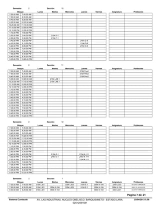 Lunes Miercoles Jueves ViernesMartesBloque ProfesoresAsignatura
Semestre: 2 Sección: 10
7.00.00 AM 7.45.00 AM
7.50.00 AM 8.35.00 AM
8.40.00 AM 9.25.00 AM
9.35.00 AM 10.20.00 AM
10.25.00 AM 11.10.00 AM
11.15.00 AM 12.00.00 PM
12.10.00 PM 12.55.00 PM
1.10.00 PM 1.55.00 PM
2154 F-12.00.00 PM 2.45.00 PM
2154 F-12.50.00 PM 3.35.00 PM
2154 G-53.40.00 PM 4.25.00 PM
2154 G-54.30.00 PM 5.15.00 PM
2154 G-55.20.00 PM 6.05.00 PM
6.15.00 PM 7.00.00 PM
7.05.00 PM 7.50.00 PM
7.55.00 PM 8.40.00 PM
8.45.00 PM 9.30.00 PM
9.35.00 PM 10.20.00 PM
Lunes Miercoles Jueves ViernesMartesBloque ProfesoresAsignatura
Semestre: 2 Sección: 11
2154 Pen27.00.00 AM 7.45.00 AM
2154 Pen27.50.00 AM 8.35.00 AM
2154 Pen28.40.00 AM 9.25.00 AM
2154 LAB 19.35.00 AM 10.20.00 AM
2154 LAB 110.25.00 AM 11.10.00 AM
11.15.00 AM 12.00.00 PM
12.10.00 PM 12.55.00 PM
1.10.00 PM 1.55.00 PM
2.00.00 PM 2.45.00 PM
2.50.00 PM 3.35.00 PM
3.40.00 PM 4.25.00 PM
4.30.00 PM 5.15.00 PM
5.20.00 PM 6.05.00 PM
6.15.00 PM 7.00.00 PM
7.05.00 PM 7.50.00 PM
7.55.00 PM 8.40.00 PM
8.45.00 PM 9.30.00 PM
9.35.00 PM 10.20.00 PM
Lunes Miercoles Jueves ViernesMartesBloque ProfesoresAsignatura
Semestre: 2 Sección: 12
7.00.00 AM 7.45.00 AM
7.50.00 AM 8.35.00 AM
8.40.00 AM 9.25.00 AM
9.35.00 AM 10.20.00 AM
10.25.00 AM 11.10.00 AM
11.15.00 AM 12.00.00 PM
12.10.00 PM 12.55.00 PM
1.10.00 PM 1.55.00 PM
2.00.00 PM 2.45.00 PM
2.50.00 PM 3.35.00 PM
2154 E-1 2154 K-1113.40.00 PM 4.25.00 PM
2154 E-1 2154 K-1114.30.00 PM 5.15.00 PM
2154 K-1115.20.00 PM 6.05.00 PM
6.15.00 PM 7.00.00 PM
7.05.00 PM 7.50.00 PM
7.55.00 PM 8.40.00 PM
8.45.00 PM 9.30.00 PM
9.35.00 PM 10.20.00 PM
Lunes Miercoles Jueves ViernesMartesBloque ProfesoresAsignatura
Semestre: 3 Sección: 1
3354 L303 3154 E-1 3554 K-1047.00.00 AM GLADYS TORREALBA3354 L3033154 L3017.45.00 AM
3554 K-104 3354 L303 3154 E-1 3554 K-1047.50.00 AM ANDY EL ACHOUCHE3554 K-1043154 L3018.35.00 AM
3554 K-104 3554 K-1048.40.00 AM GLADYS TORREALBA3354 L4013154 L3019.25.00 AM
25/04/2013 5.58
Pagina 7 de 21
Sistema Cumlaude AV. LAS INDUSTRIAS. NUCLEO OBELISCO. BARQUISIMETO - ESTADO LARA.
02512591581
 