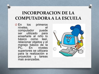 INCORPORACION DE LA
COMPUTADORA A LA ESCUELA
O En los primeros
niveles, el
computador puede
ser utilizado para
enseñarle al niño lo
básico como leer,
relacionar objetos y el
manejo básico de la
PC. En niveles
superiores se utilizara
para la realización e
proyectos y tareas
mas avanzadas.
 