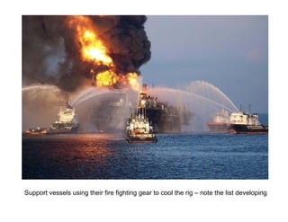 Support vessels using their fire fighting gear to cool the rig – note the list developing
 