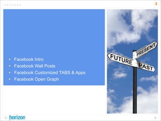 3




•   Facebook Intro
•   Facebook Wall Posts
•   Facebook Customized TABS & Apps
•   Facebook Open Graph
 