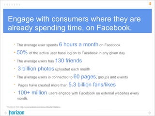 5



  Engage with consumers where they are
  already spending time, on Facebook.
         •   The average user spends 6                               hours a month on Facebook
         •   50% of the active user base log on to Facebook in any given day
         •   The average users has 130 friends
         •   3 billion photos uploaded each month
         •   The average users is connected to 60 pages, groups and events
         •   Pages have created more than 5.3 billion fans/likes
         •   100+ million users engage with Facebook on external websites every
             month.

* Facebook Stats http://www.facebook.com/press/info.php?statistics
 