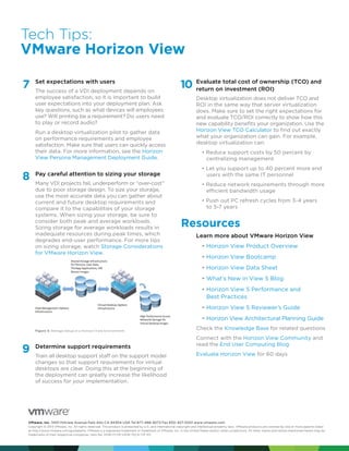 Tech Tips:
VMware Horizon View
7

Set expectations with users
The success of a VDI deployment depends on
employee satisfaction, so it is important to build
user expectations into your deployment plan. Ask
key questions, such as what devices will employees
use? Will printing be a requirement? Do users need
to play or record audio?
Run a desktop virtualization pilot to gather data
on performance requirements and employee
satisfaction. Make sure that users can quickly access
their data. For more information, see the Horizon
View Persona Management Deployment Guide.

8

Pay careful attention to sizing your storage
Many VDI projects fail, underperform or “over-cost”
due to poor storage design. To size your storage,
use the most accurate data you can gather about
current and future desktop requirements and
compare it to the capabilities of your storage
systems. When sizing your storage, be sure to
consider both peak and average workloads.
Sizing storage for average workloads results in
inadequate resources during peak times, which
degrades end-user performance. For more tips
on sizing storage, watch Storage Considerations
for VMware Horizon View.

ownership
10 Evaluate total cost of (ROI) (TCO) and
return on investment
Desktop virtualization does not deliver TCO and
ROI in the same way that server virtualization
does. Make sure to set the right expectations for
and evaluate TCO/ROI correctly to show how this
new capability benefits your organization. Use the
Horizon View TCO Calculator to find out exactly
what your organization can gain. For example,
desktop virtualization can:
• Reduce support costs by 50 percent by
centralizing management
• Let you support up to 40 percent more end
users with the same IT personnel
• Reduce network requirements through more
efficient bandwidth usage
• Push out PC refresh cycles from 3-4 years
to 5-7 years

Resources
Learn more about VMware Horizon View
•	Horizon View Product Overview
•	Horizon View Bootcamp
•	Horizon View Data Sheet
•	What’s New in View 5 Blog
•	Horizon View 5 Performance and
Best Practices
•	Horizon View 5 Reviewer’s Guide
•	Horizon View Architectural Planning Guide

Figure 3: Storage Setup in a Horizon View Environment

9

Determine support requirements
Train all desktop support staff on the support model
changes so that support requirements for virtual
desktops are clear. Doing this at the beginning of
the deployment can greatly increase the likelihood
of success for your implementation.

Check the Knowledge Base for related questions
Connect with the Horizon View Community and
read the End User Computing Blog
Evaluate Horizon View for 60 days

VMware, Inc. 3401 Hillview Avenue Palo Alto CA 94304 USA Tel 877-486-9273 Fax 650-427-5001 www.vmware.com
Copyright © 2013 VMware, Inc. All rights reserved. This product is protected by U.S. and international copyright and intellectual property laws. VMware products are covered by one or more patents listed
at http://www.vmware.com/go/patents. VMware is a registered trademark or trademark of VMware, Inc. in the United States and/or other jurisdictions. All other marks and names mentioned herein may be
trademarks of their respective companies. Item No: VMW-FLYR-VIEW-TECH-TIP-101

 