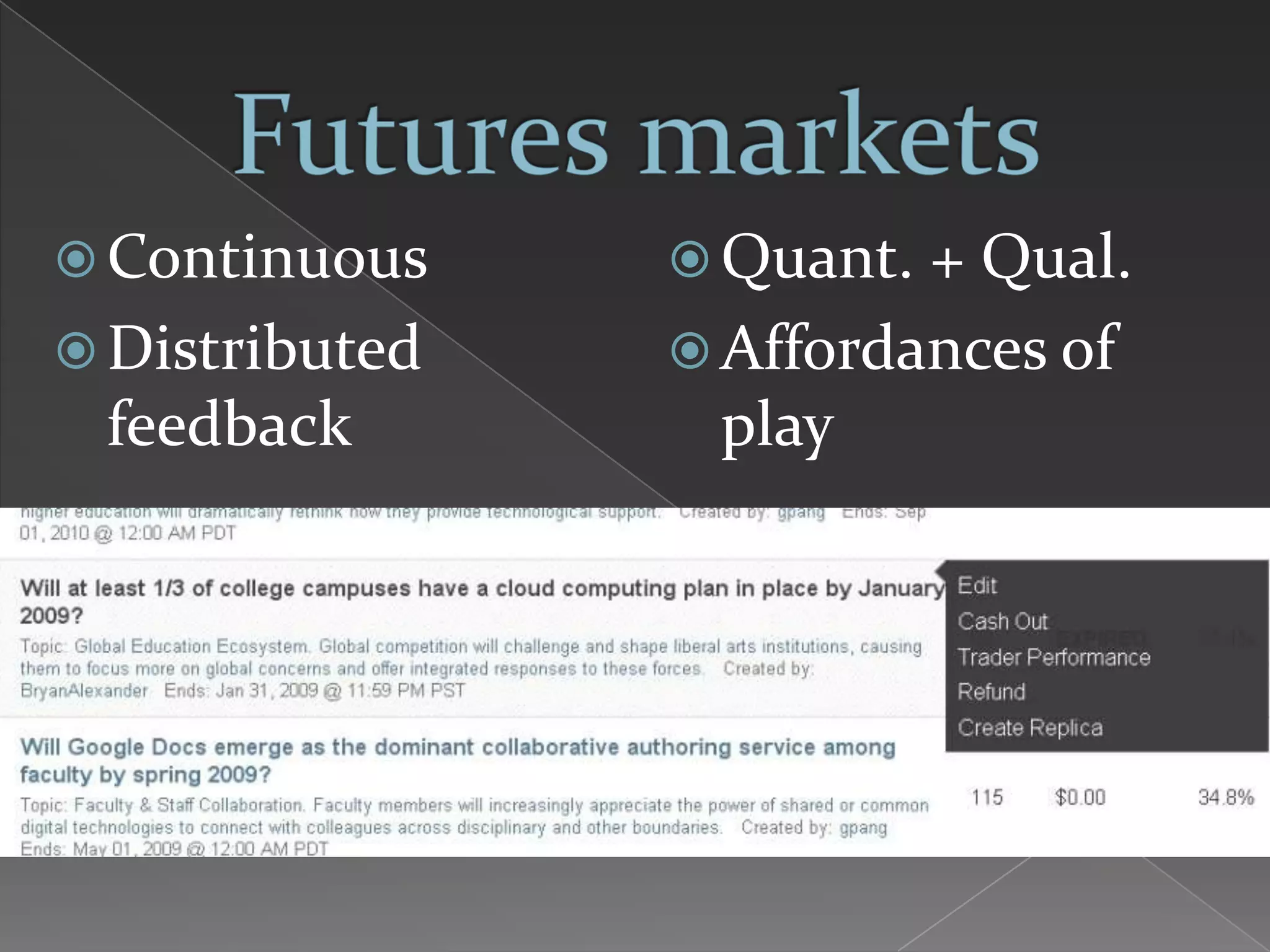  Continuous     Quant. + Qual.
 Distributed    Affordances of
 feedback         play
 
