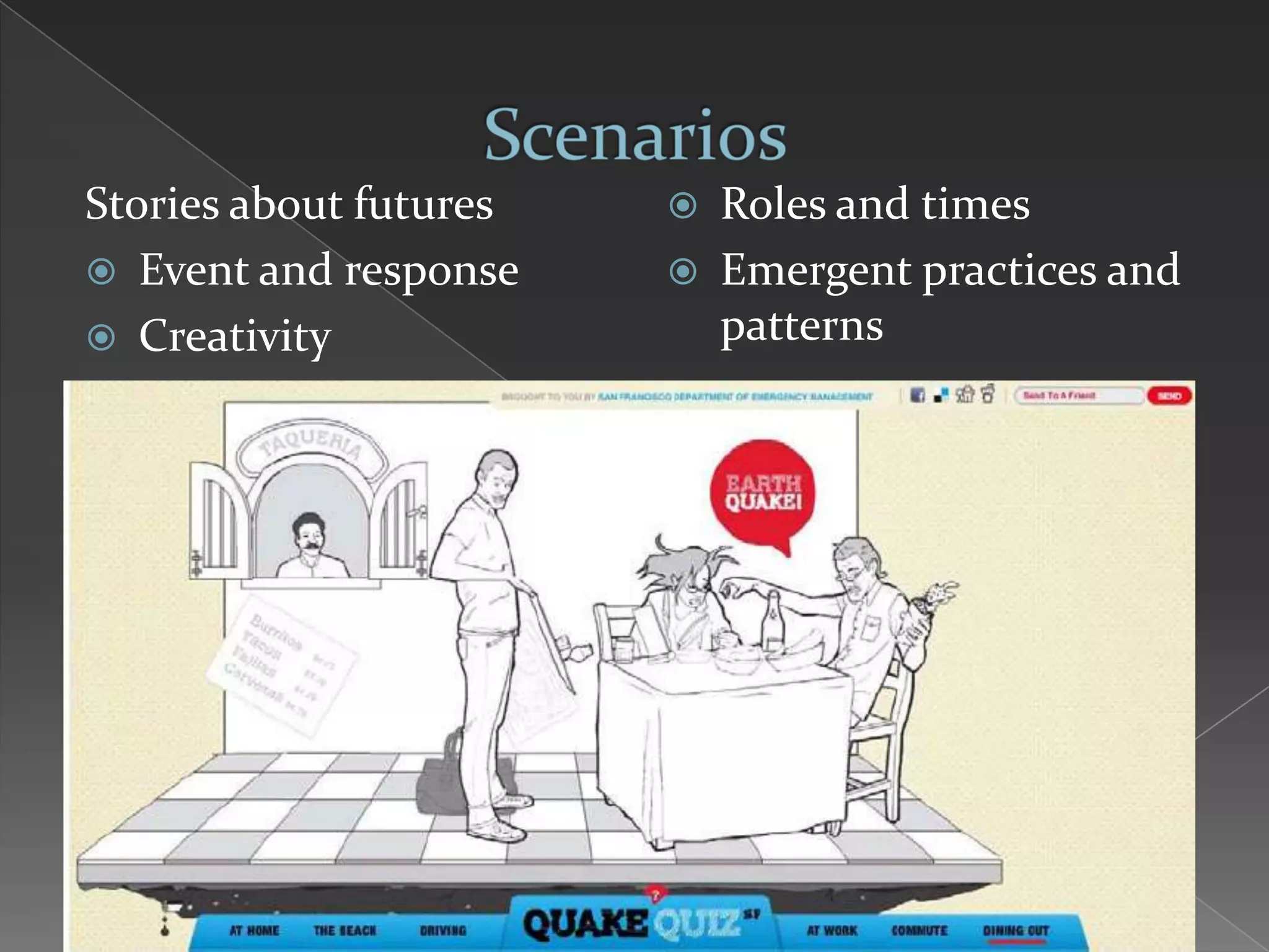 Stories about futures      Roles and times
 Event and response       Emergent practices and
 Creativity                patterns
 