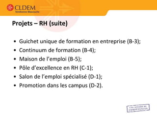 Projets – RH (suite)

•   Guichet unique de formation en entreprise (B-3);
•   Continuum de formation (B-4);
•   Maison de l’emploi (B-5);
•   Pôle d’excellence en RH (C-1);
•   Salon de l’emploi spécialisé (D-1);
•   Promotion dans les campus (D-2).
 