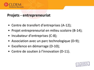 Projets - entrepreneuriat

•   Centre de transfert d’entreprises (A-12);
•   Projet entrepreneurial en milieu scolaire (B-14);
•   Incubateur d’entreprises (C-8);
•   Association avec un parc technologique (D-9);
•   Excellence en démarrage (D-10);
•   Centre de soutien à l’innovation (D-11).
 