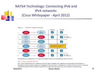 NAT64 Technology: Connecting IPv6 and
             IPv4 networks
     (Cisco Whitepaper - April 2012)




29/6/2012            Olivier Martin       15
 