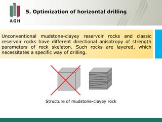5. Optimization of horizontal drilling 
Unconventional mudstone-clayey reservoir rocks and classic 
reservoir rocks have different directional anisotropy of strength 
parameters of rock skeleton. Such rocks are layered, which 
necessitates a specific way of drilling. 
Structure of mudstone-clayey rock 
 